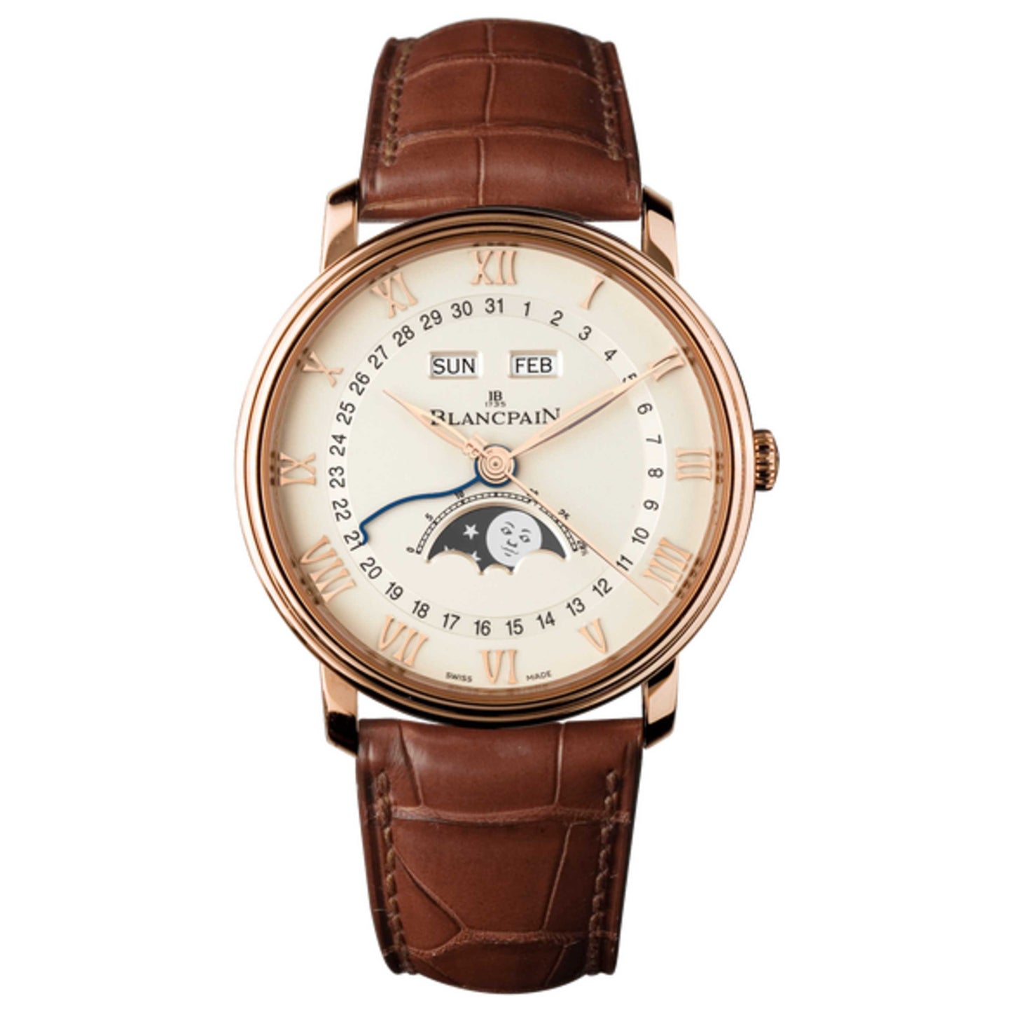 Front view of Blancpain Villeret Quantieme Complet Men's Automatic Watch 6654-3642-55B