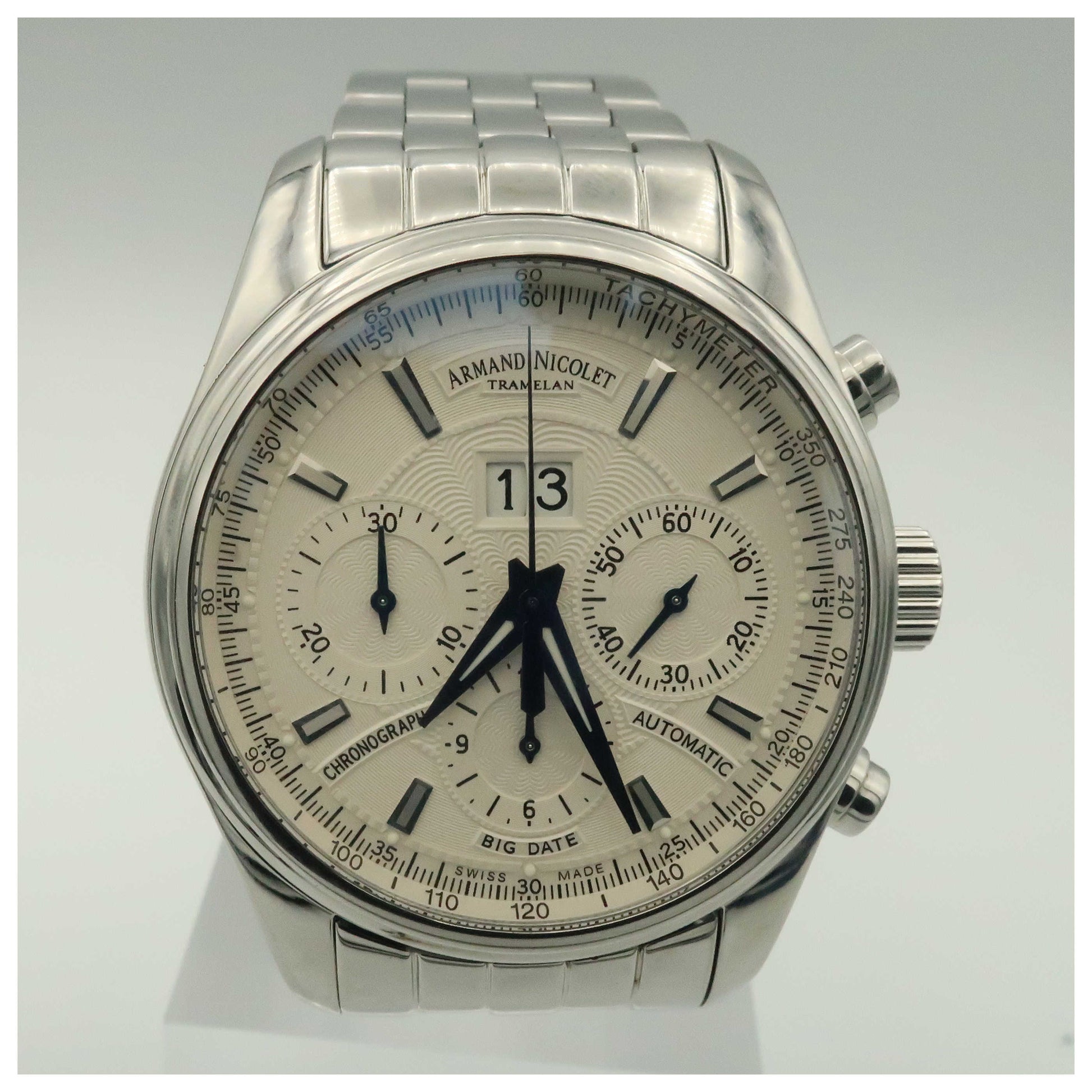 Front view of Armand Nicolet M02 Men's Automatic Watch 9648A-AG-M9140-PO