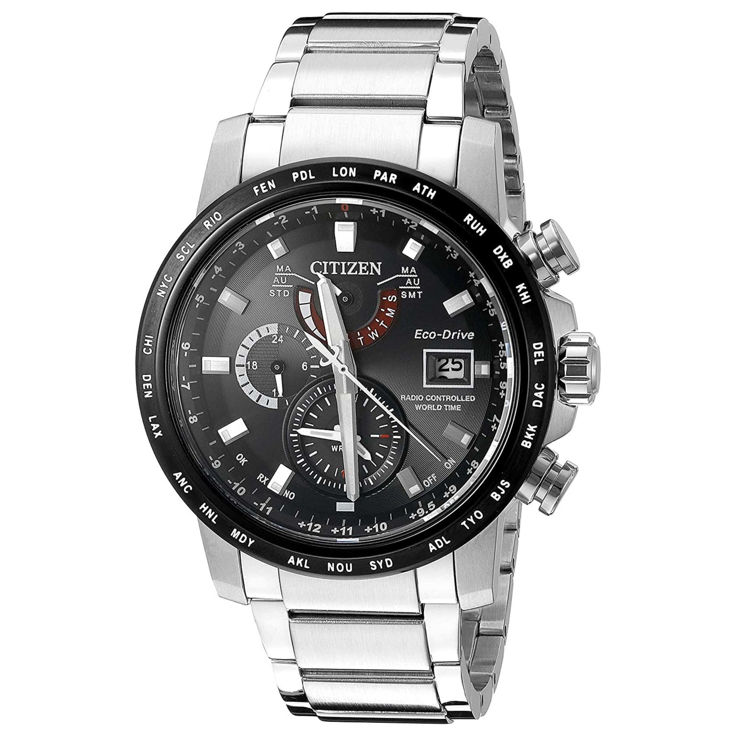 Front view of Citizen World Time A-T Men's Solar Powered Quartz Eco-Drive Watch AT9071-58E