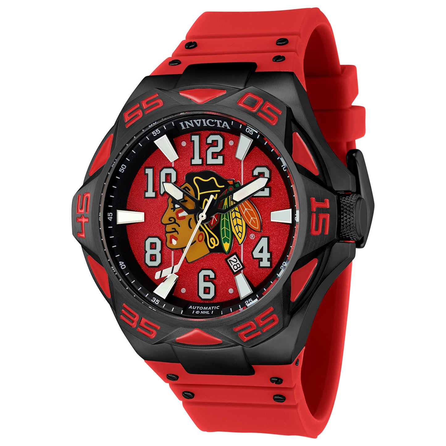 Front view of Invicta NHL Chicago Blackhawks Men's Automatic Watch IN-42262