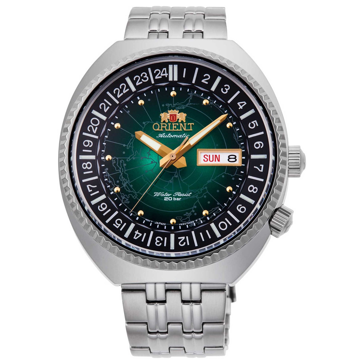 Front view of Orient Revival World Map Men's Automatic Watch RA-AA0E02E19B