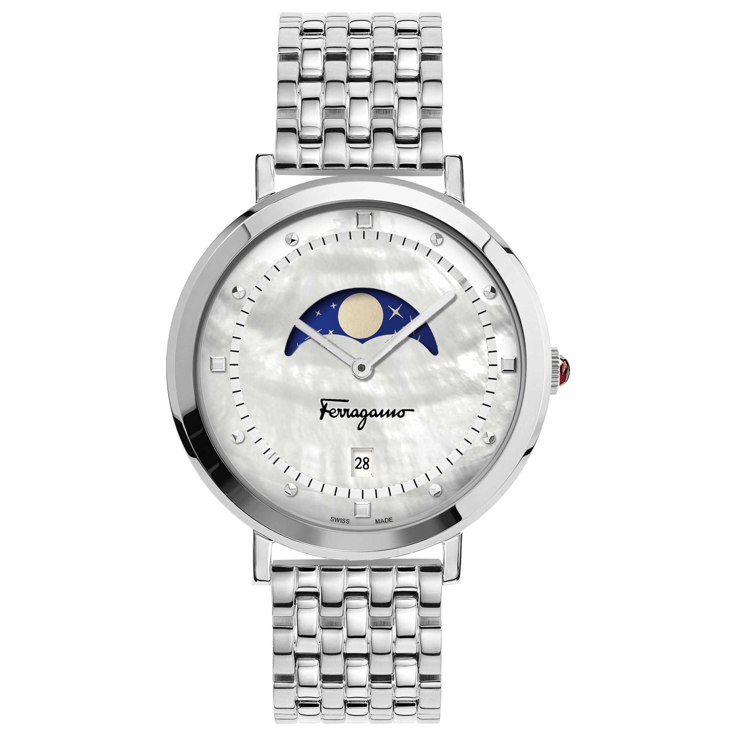 Front view of Ferragamo Logomania Moon Phase Women's Quartz Watch SFUH00321