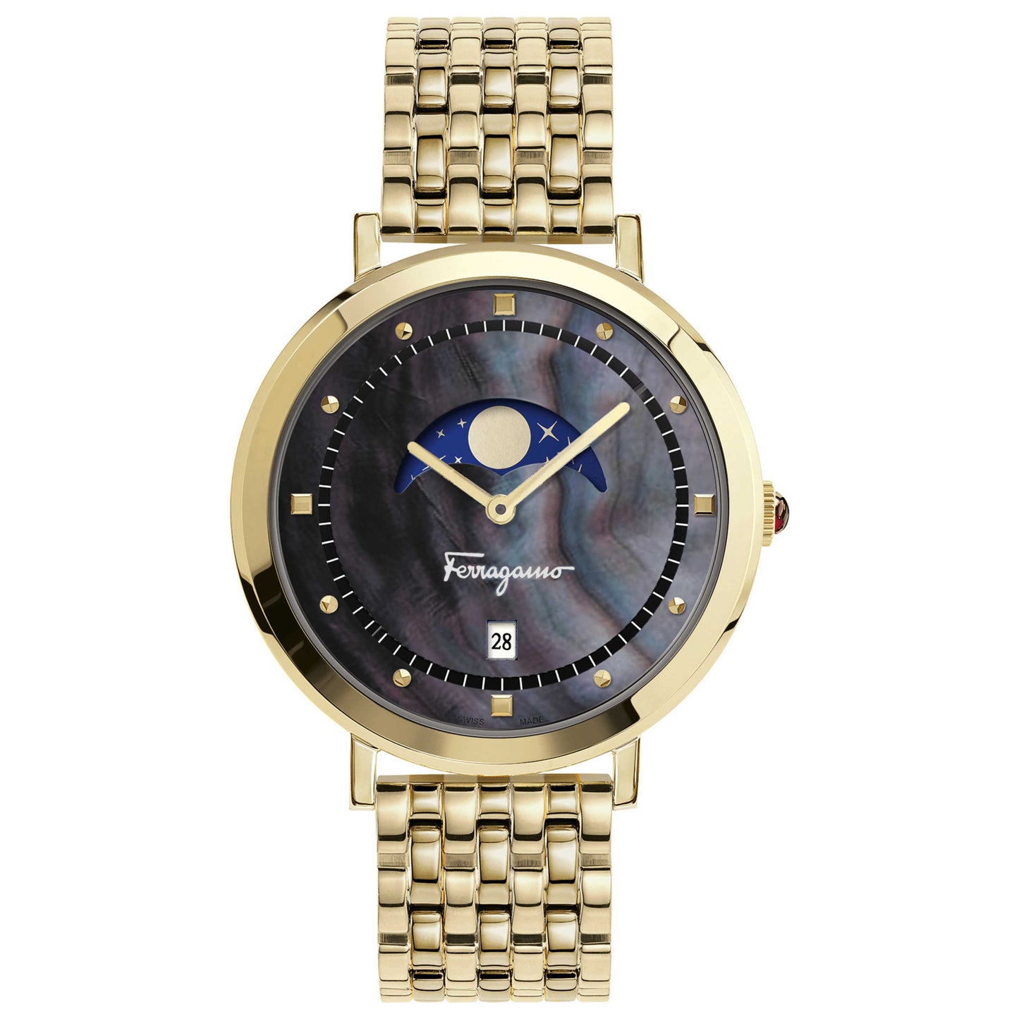 Front view of Ferragamo Logomania Moon Phase Women's Quartz Watch SFUH00521