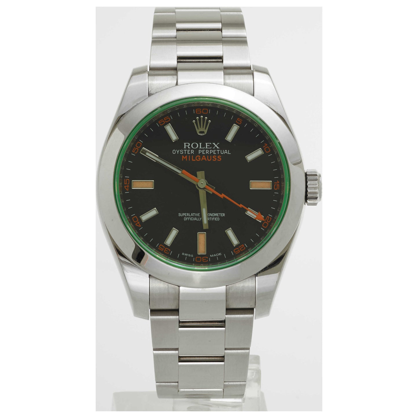 Front view of Rolex Milgauss Men's Automatic Watch 116400GV-PO2