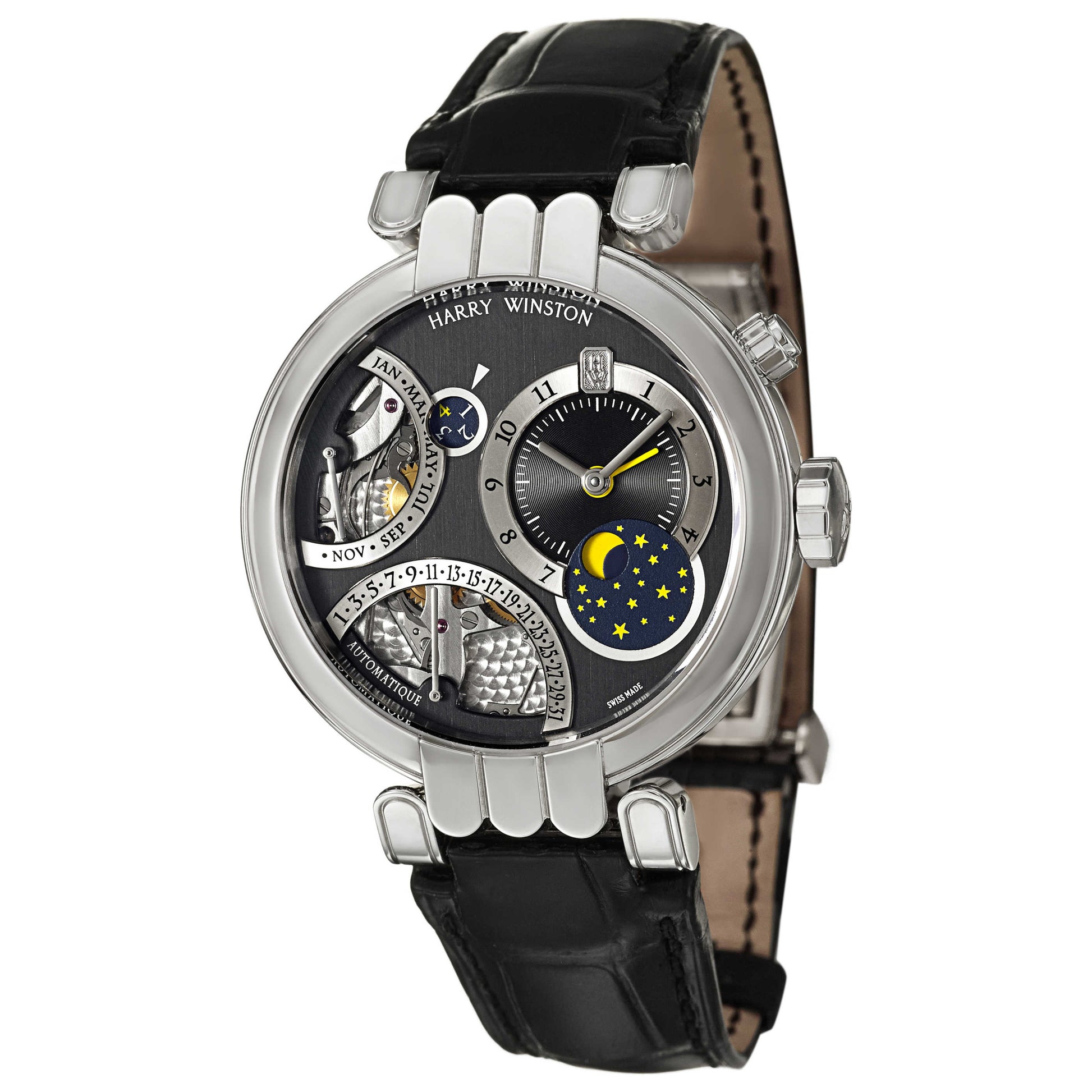 Front view of Harry Winston Premier Excenter Men's Automatic Watch 200-MAPC41PL-KC