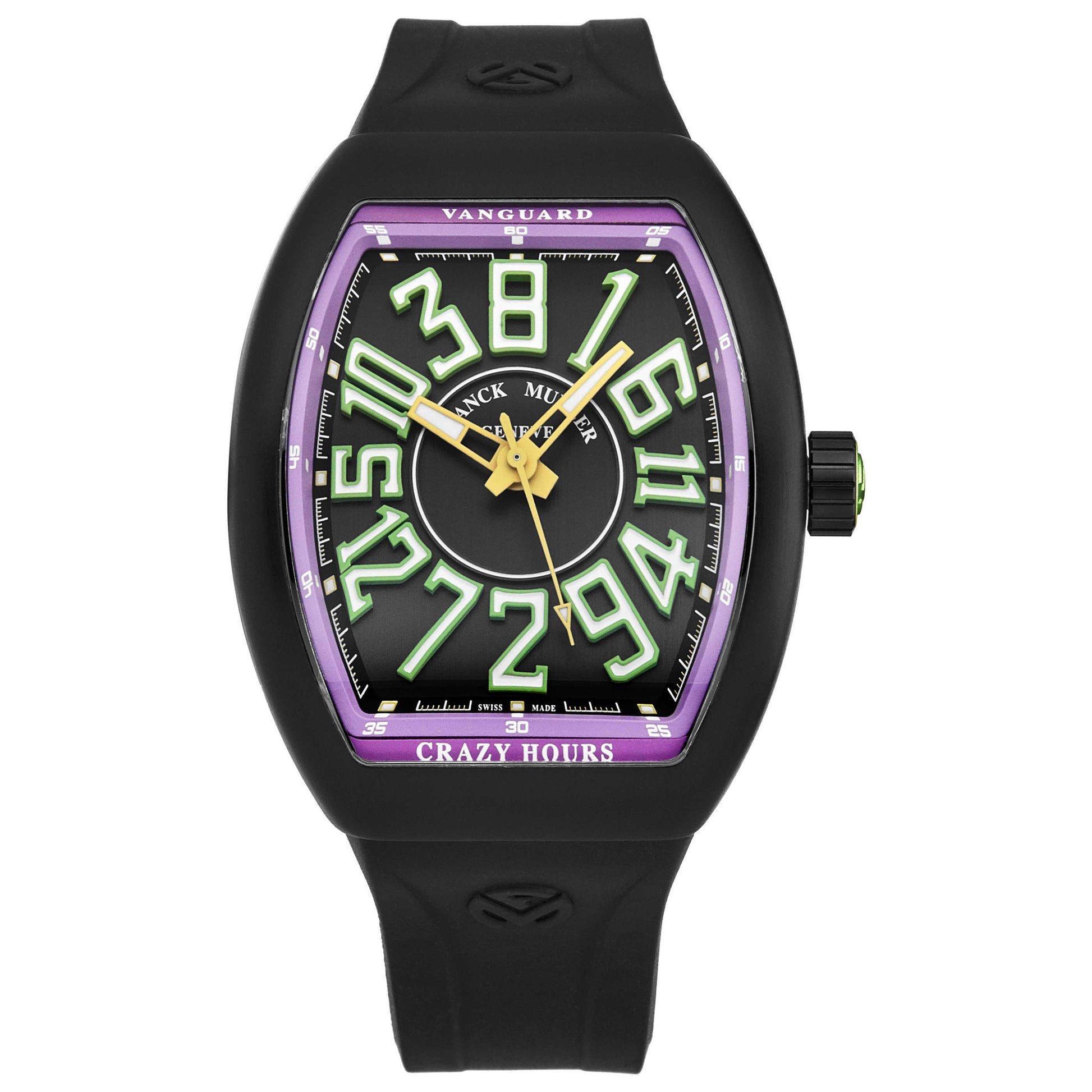 Front view of Franck Muller Vanguard Crazy Hours Men's Automatic Watch 45CHTTBLKGRNPRL