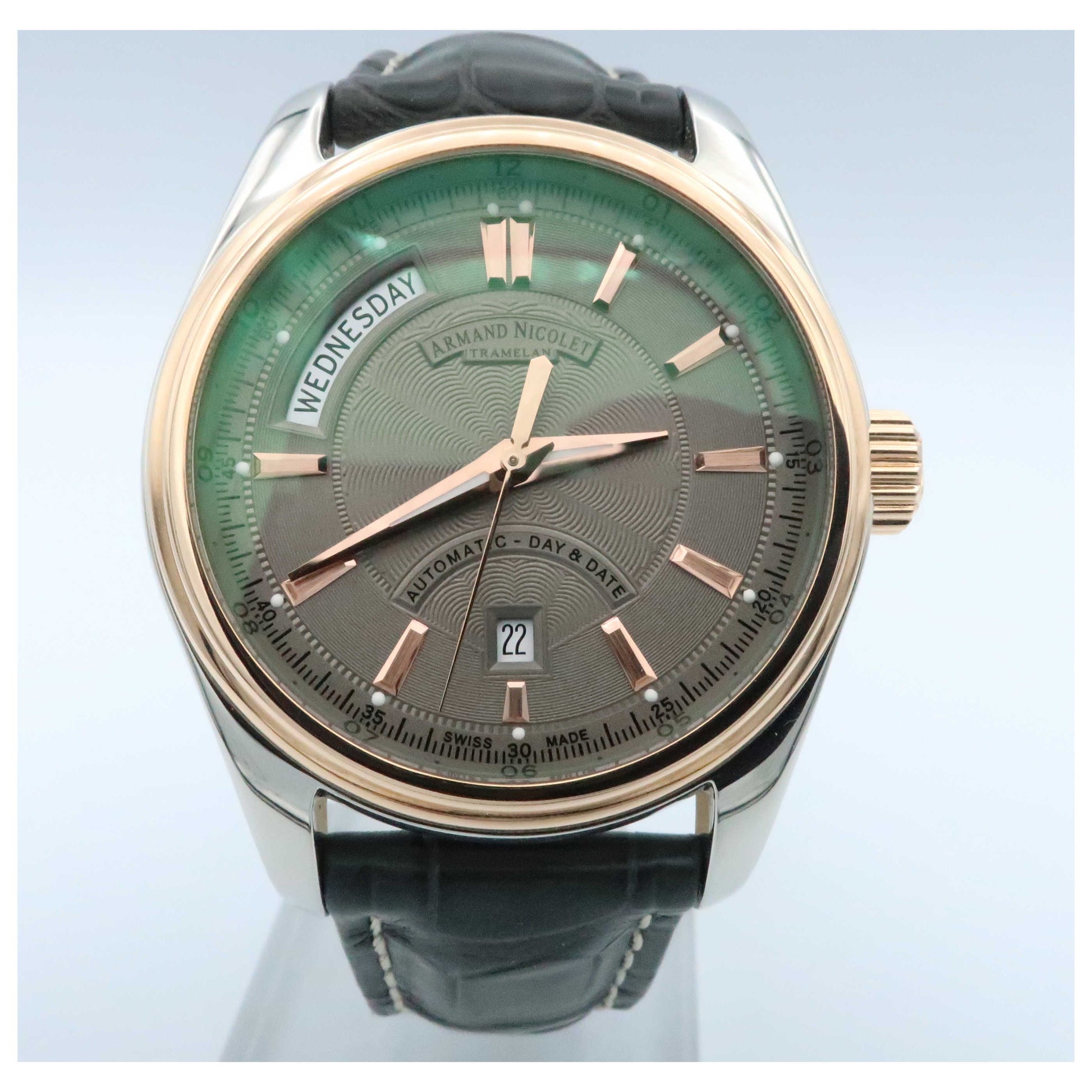 Front view of Armand Nicolet M02 Men's Automatic Watch 8641A-2-GRP974GR2-PO