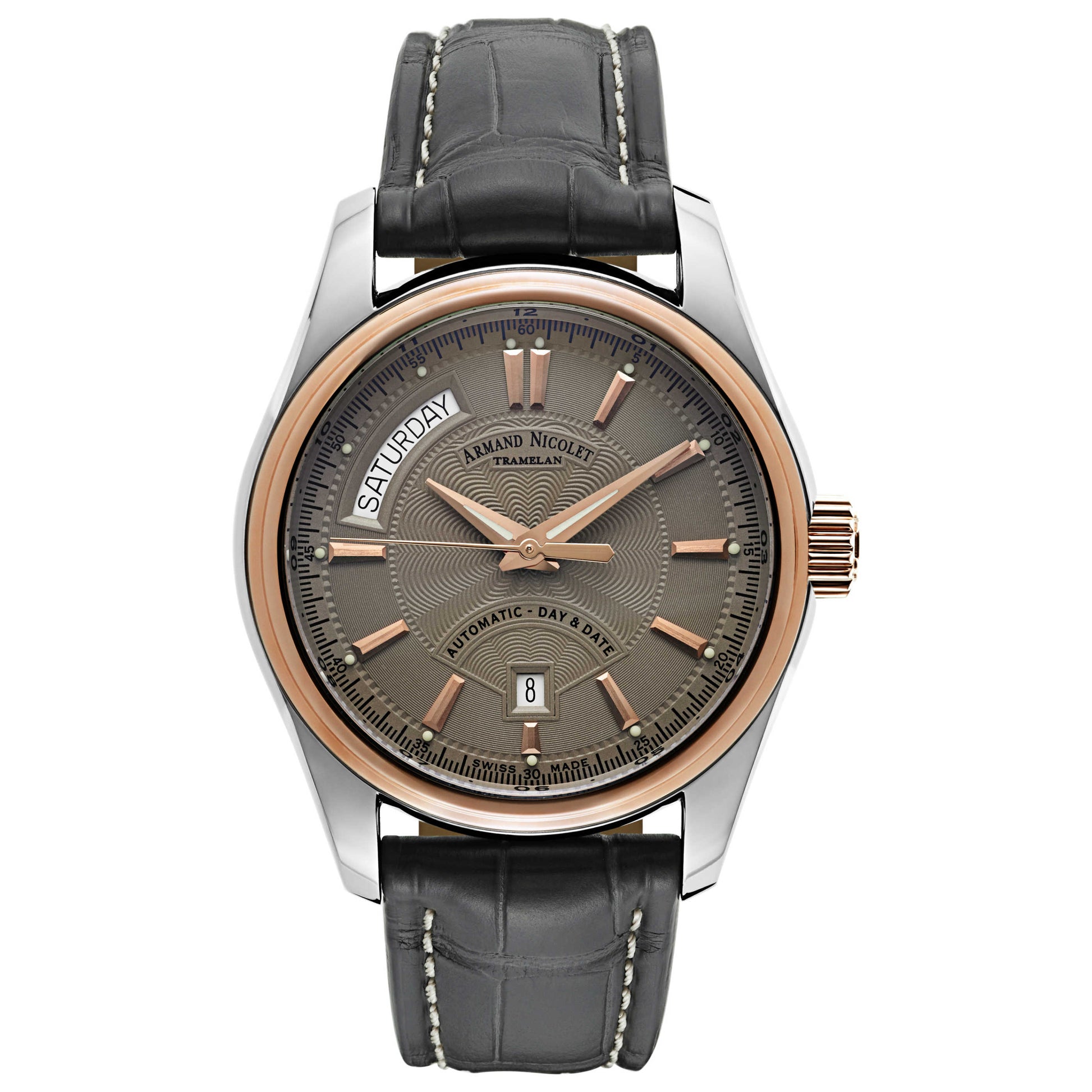 Front view of Armand Nicolet M02 Men's Automatic Watch 8641A-GR-P974GR2