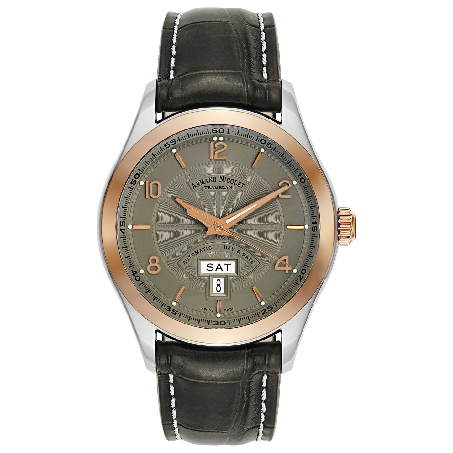 Front view of Armand Nicolet M02 Men's Automatic Watch 8740A-GS-P974GR2