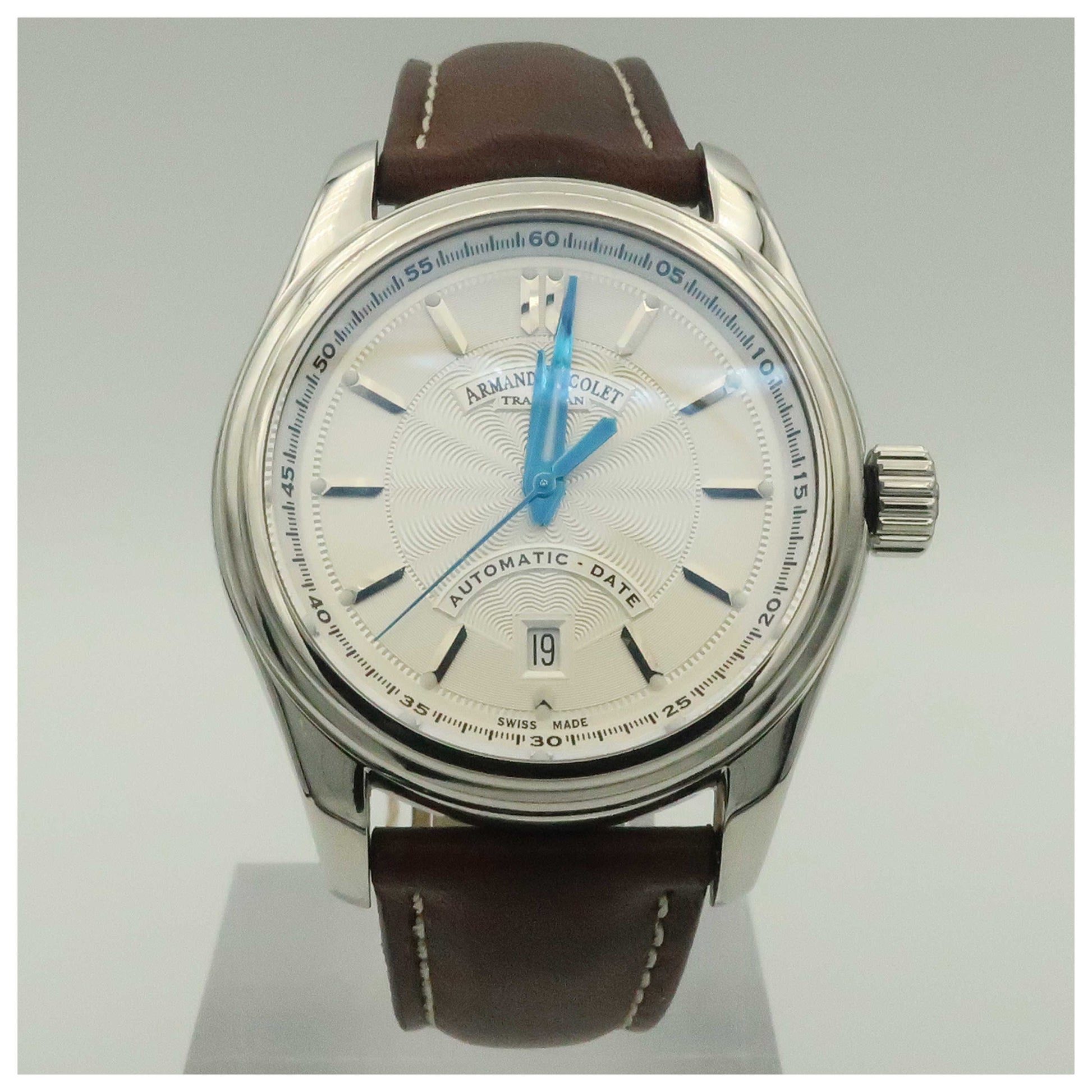 Front view of Armand Nicolet M02 Men's Automatic Watch 9140A2-AG-P140MR2-PO