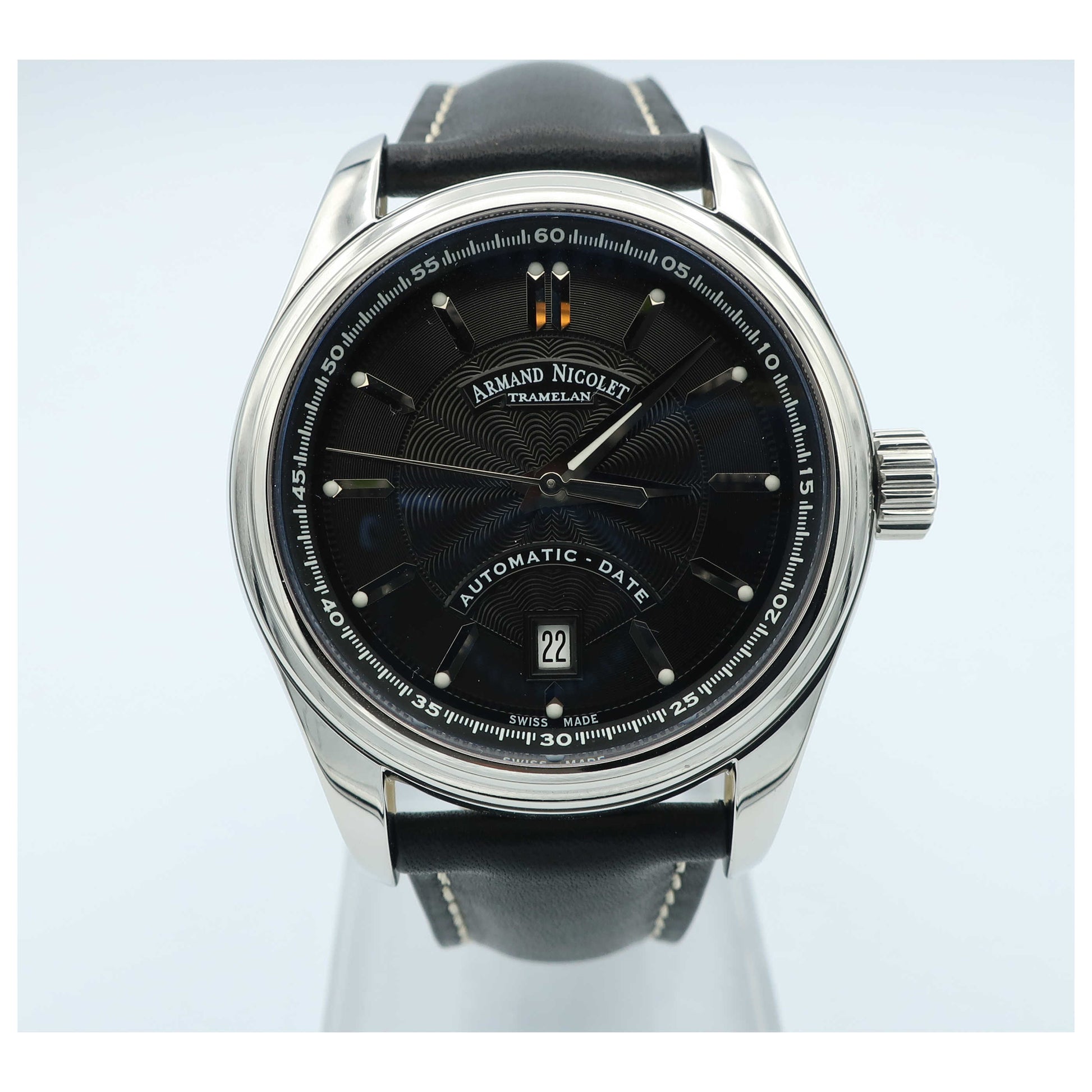 Front view of Armand Nicolet M02 Men's Automatic Watch 9140A2-AG-P140MR2-SD