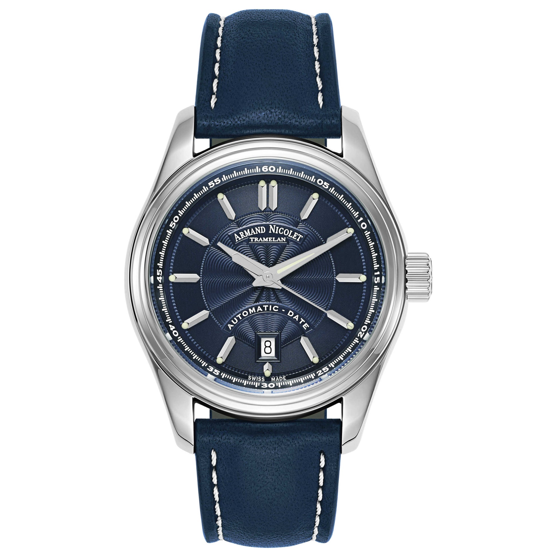 Front view of Armand Nicolet M02 Men's Automatic Watch 9140A2-BU-P140BU2