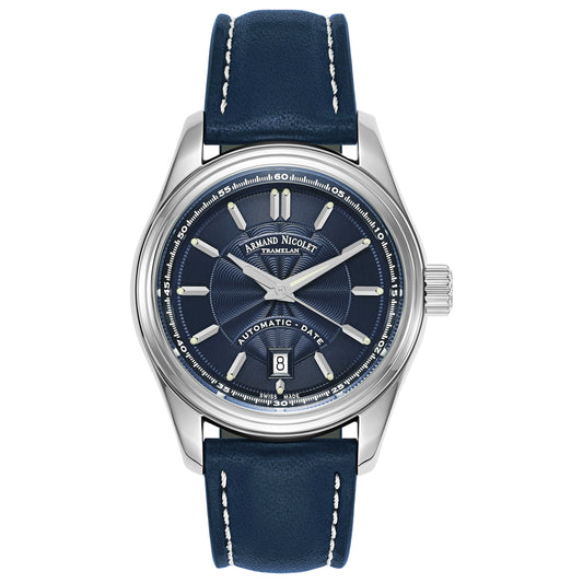 Front view of Armand Nicolet M02 Men's Automatic Watch 9140A2-BU-P140BU2
