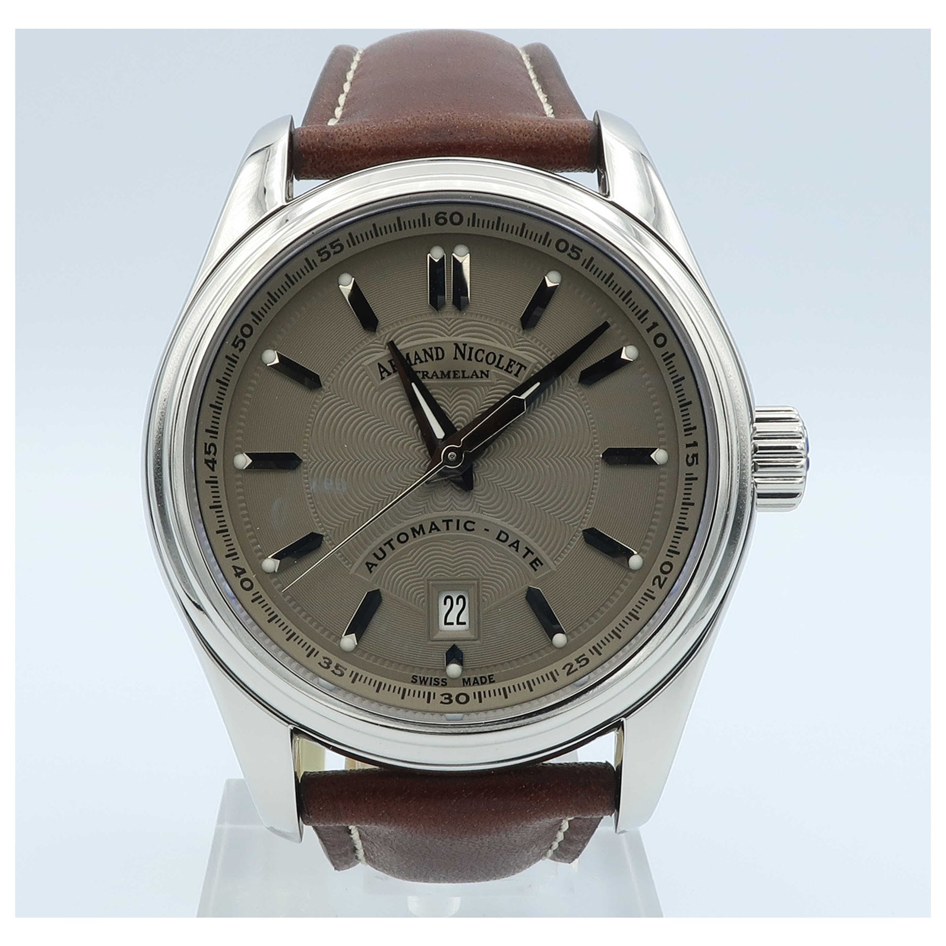 Front view of Armand Nicolet M02 Men's Automatic Watch 9140A2-GR-P140MR2-SD