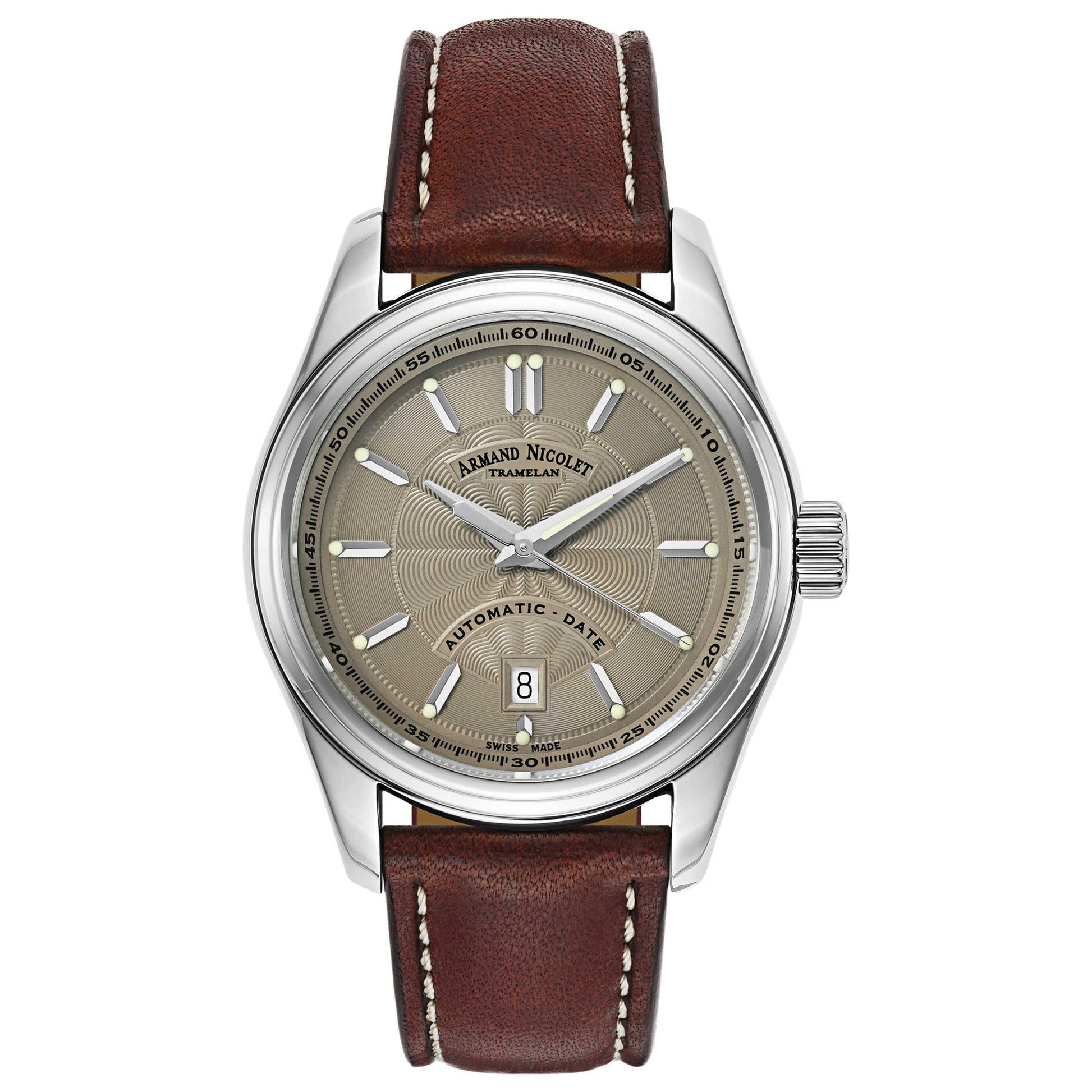 Front view of Armand Nicolet M02 Men's Automatic Watch 9140A2-GR-P140MR2