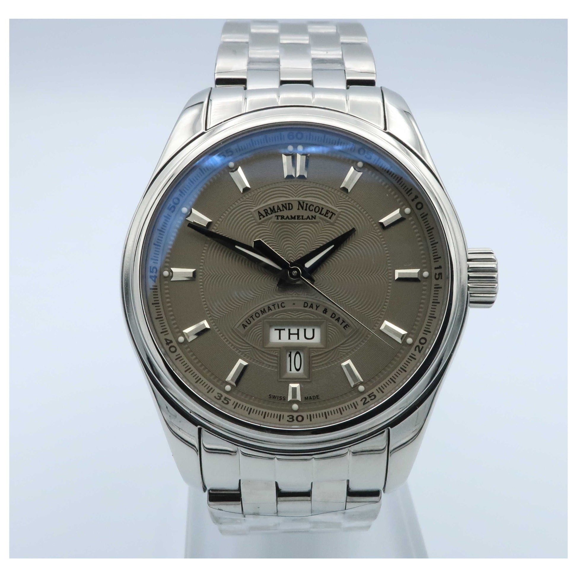 Front view of Armand Nicolet M02 Men's Automatic Watch 9640A-GR-M9140-SD
