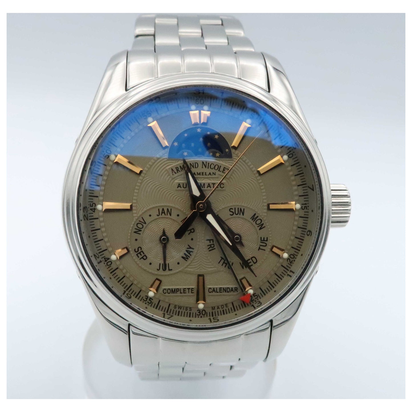 Front view of Armand Nicolet M02 Men's Automatic Watch 9642B-AG-M9140-PO