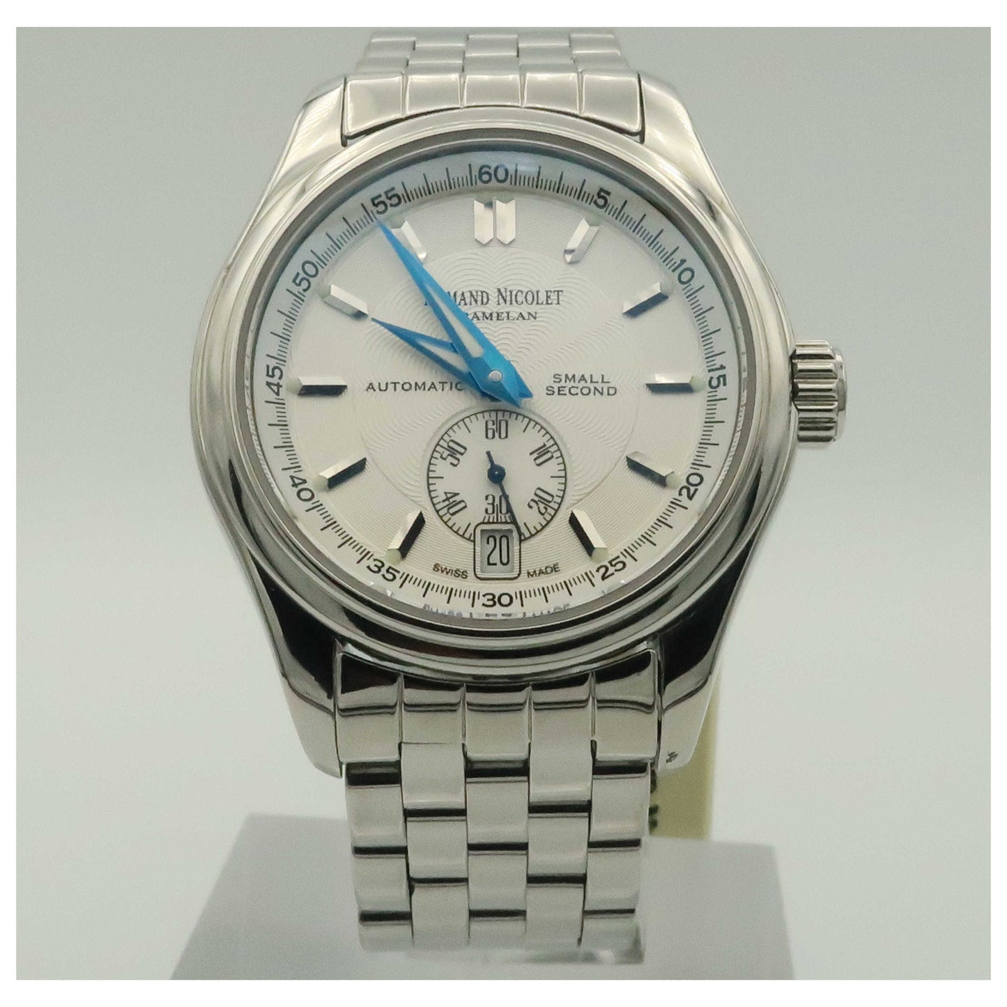 Front view of Armand Nicolet M02 Men's Automatic Watch 9646A-AG-M9140-PO