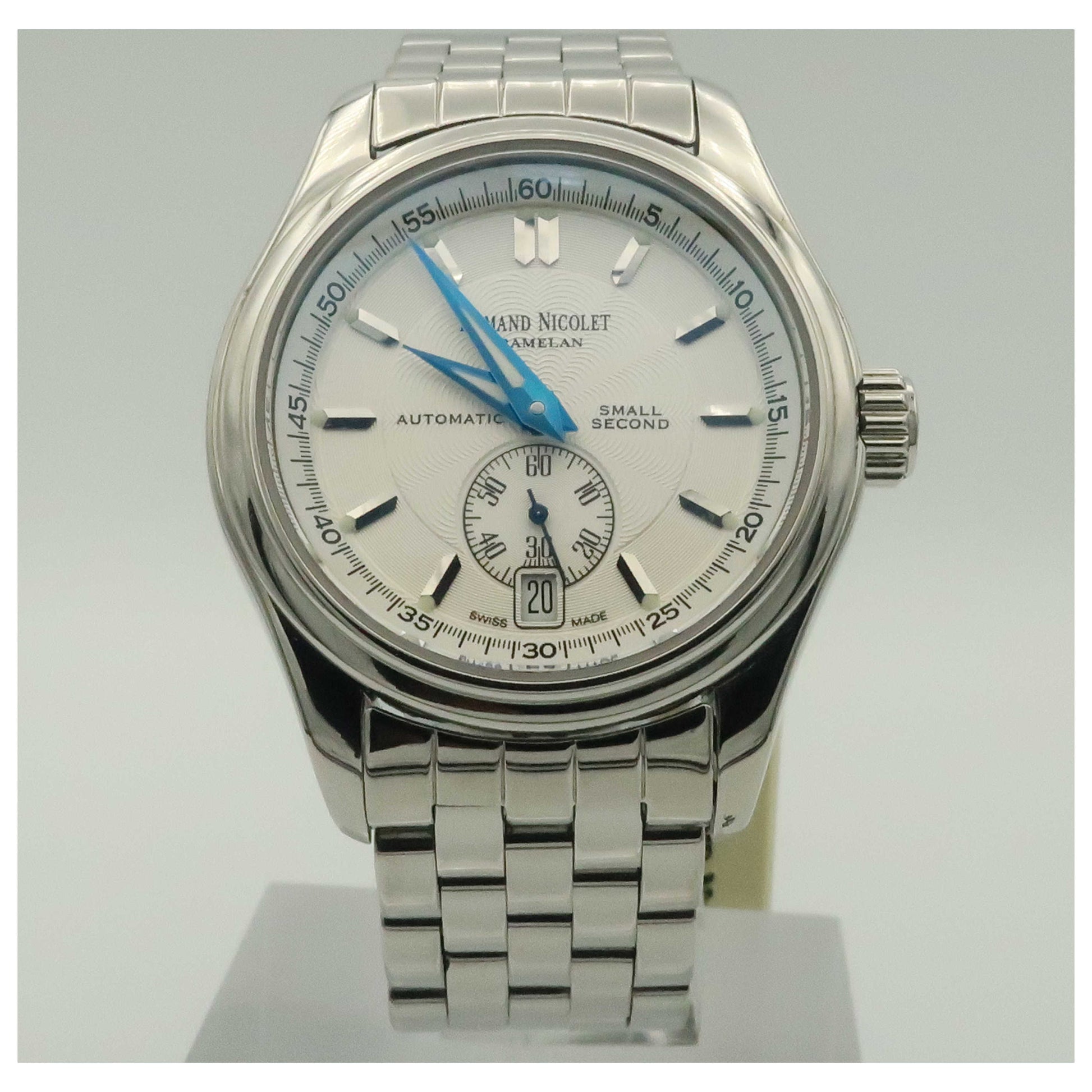 Front view of Armand Nicolet M02 Men's Automatic Watch 9646A-AG-M9140-PO