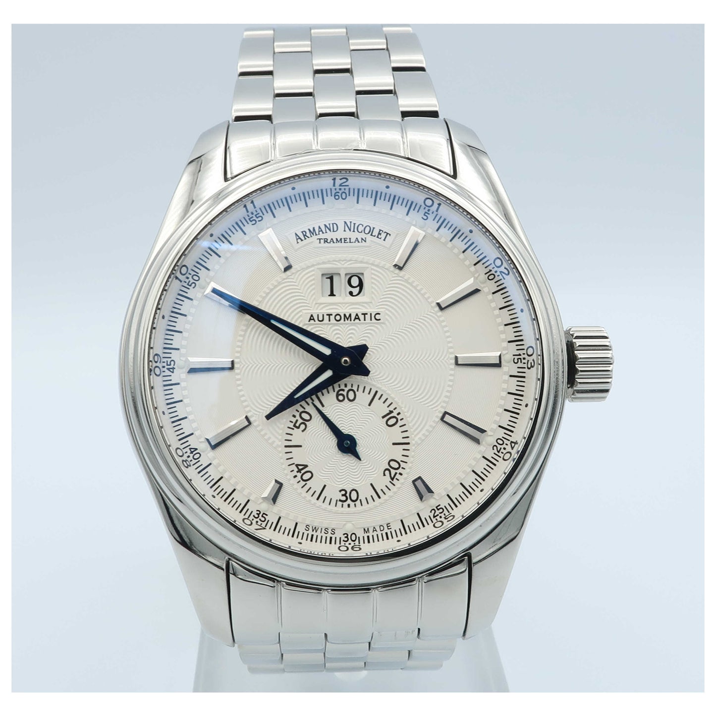 Front view of Armand Nicolet M02 Men's Automatic Watch 9646A-AG-M9140-SD