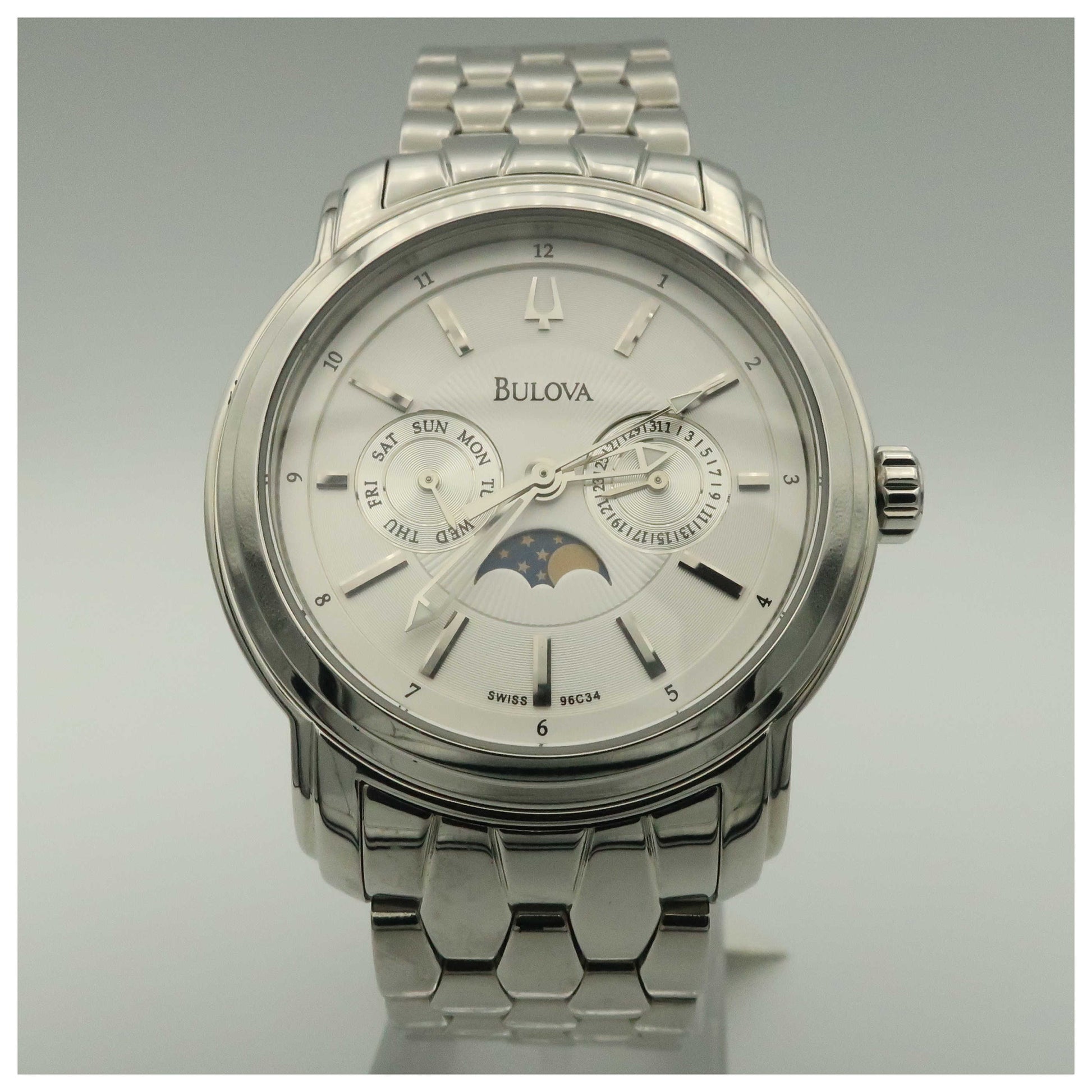 Front view of Bulova Moon Phase Men's Quartz Watch 96C34-PO
