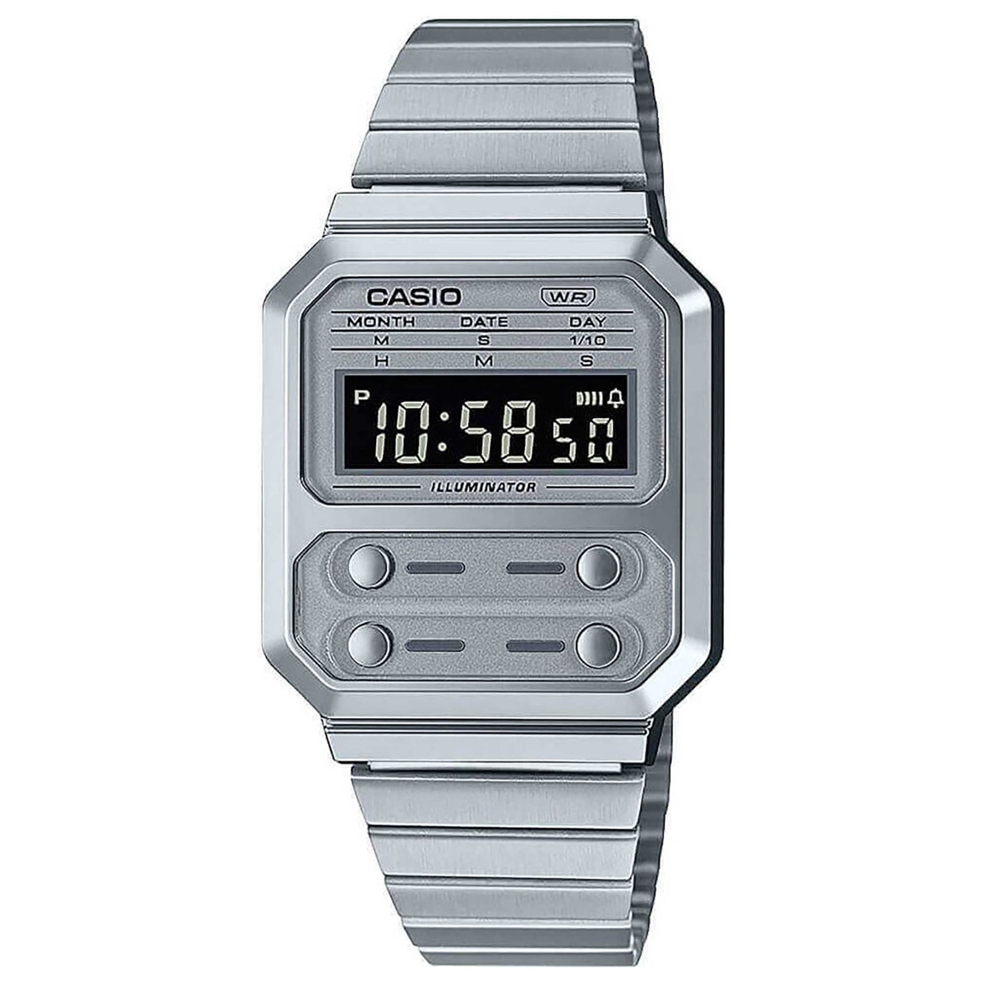 Front view of Casio Retro Vintage Unisex Quartz Watch A100WE-7BEF
