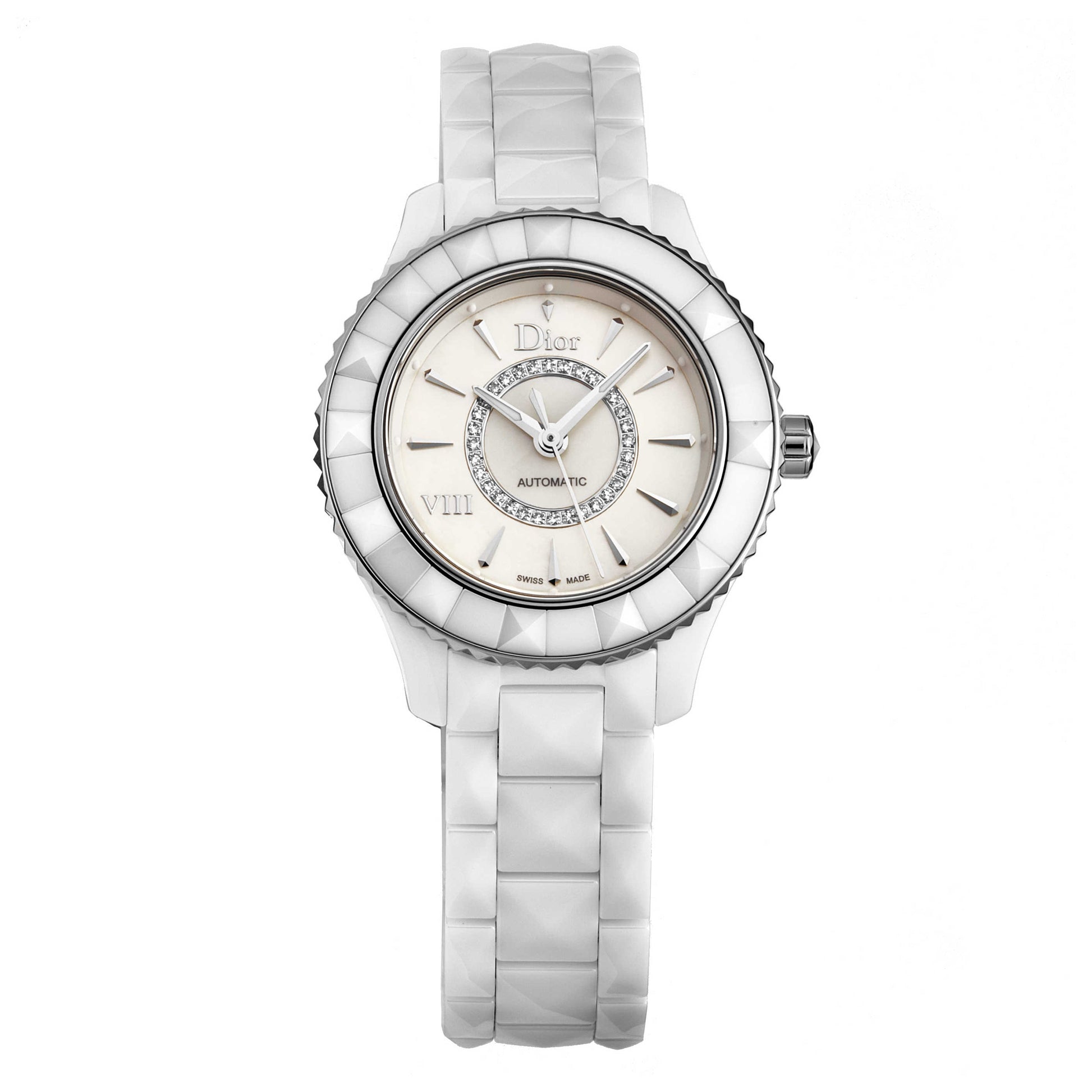 Front view of Christian Dior White VIII Women's Automatic Watch CD1235E3C002