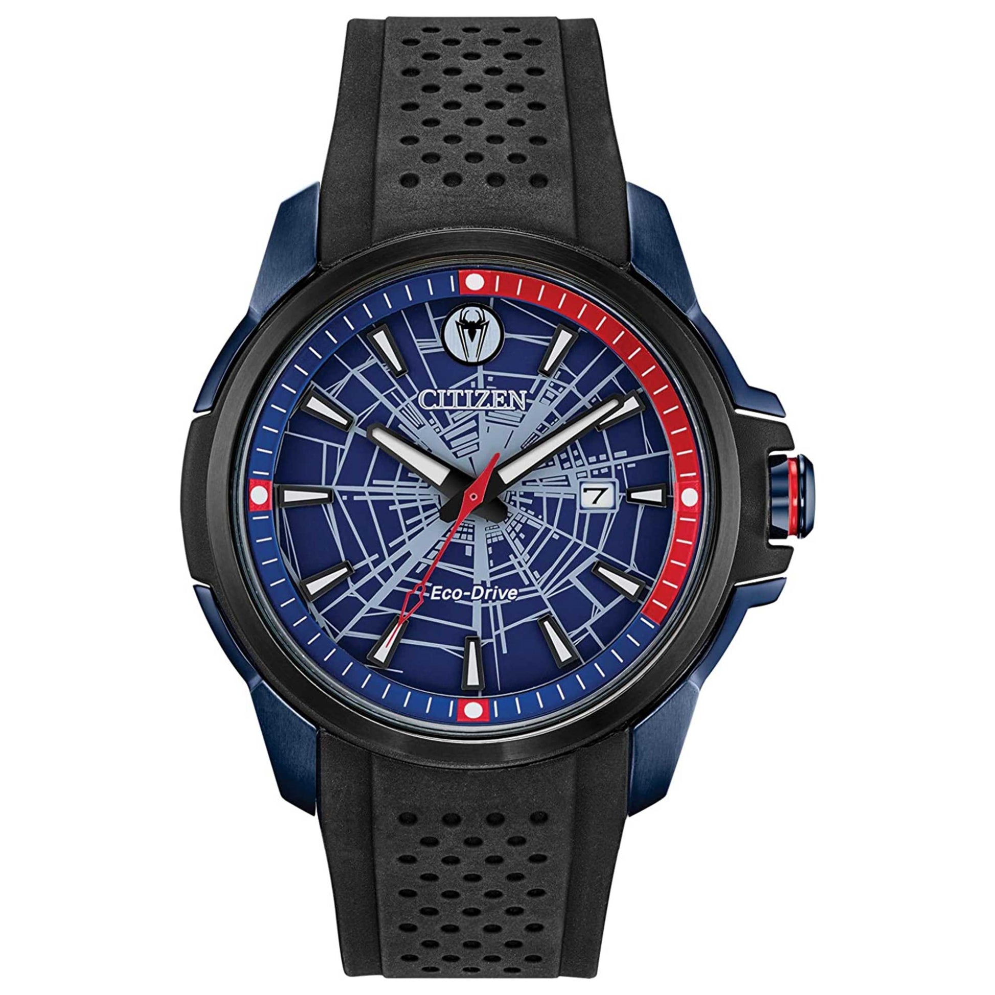 Front view of Citizen Marvel Spider-Man Men's Solar Watch CZAW1156-01W