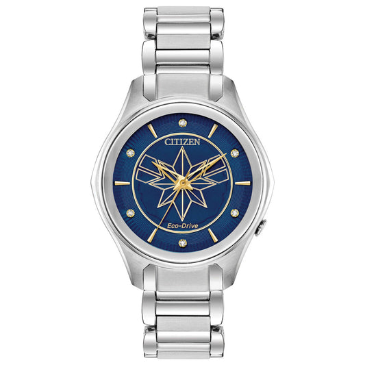 Front view of Citizen Captain Marvel Women's Solar Powered Quartz Eco-Drive Watch EM0596-58W