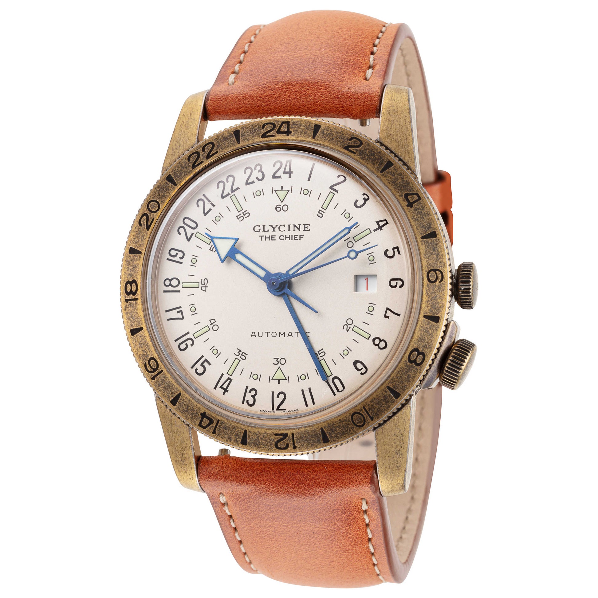 Front view of Glycine Airman The Chief Vintage GMT Men's Automatic Watch GL0304