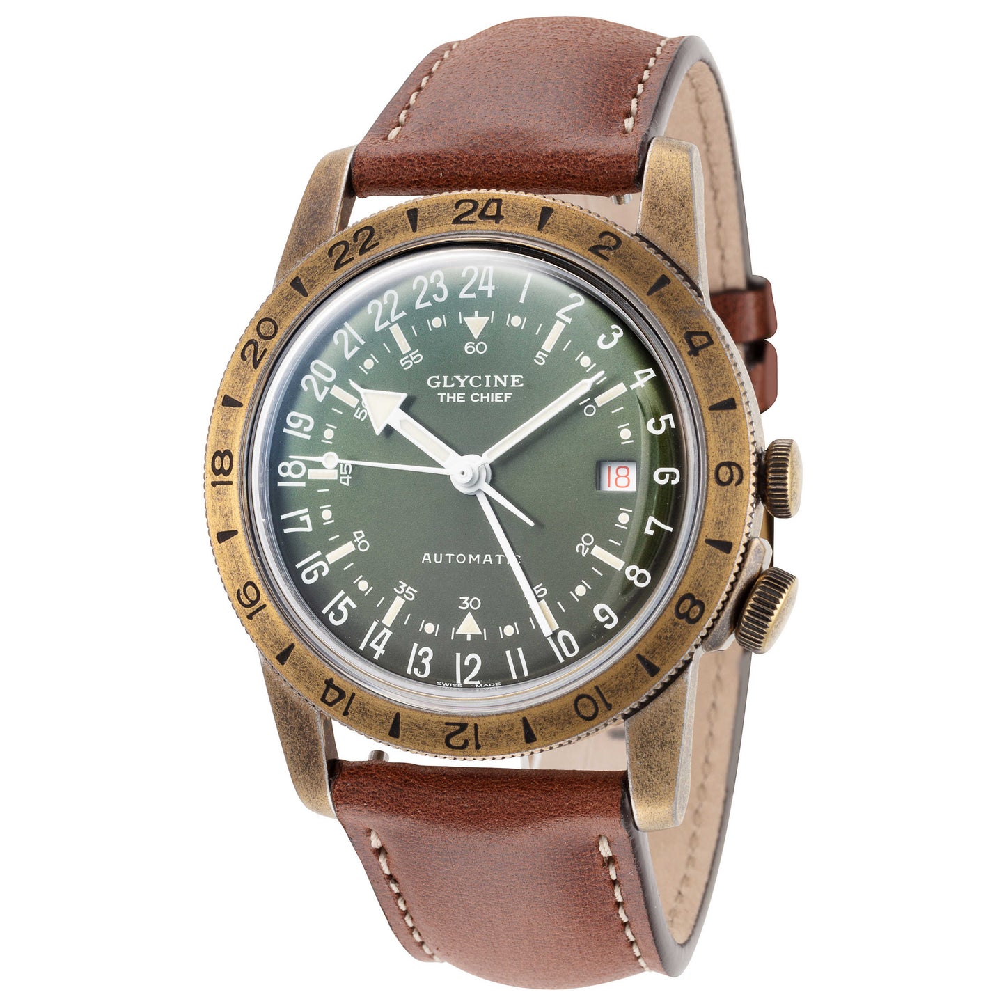 Front view of Glycine Airman The Chief Vintage GMT Men's Automatic Watch GL0307