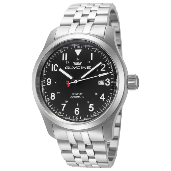 42mm Glycine Combat Field Black Dial Men's Automatic Watch (Silver)