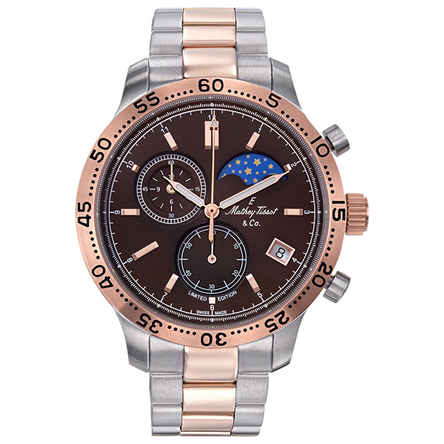 Front view of Mathey Tissot Type 23 Moon Phase Men's Quartz Watch H1823MPB