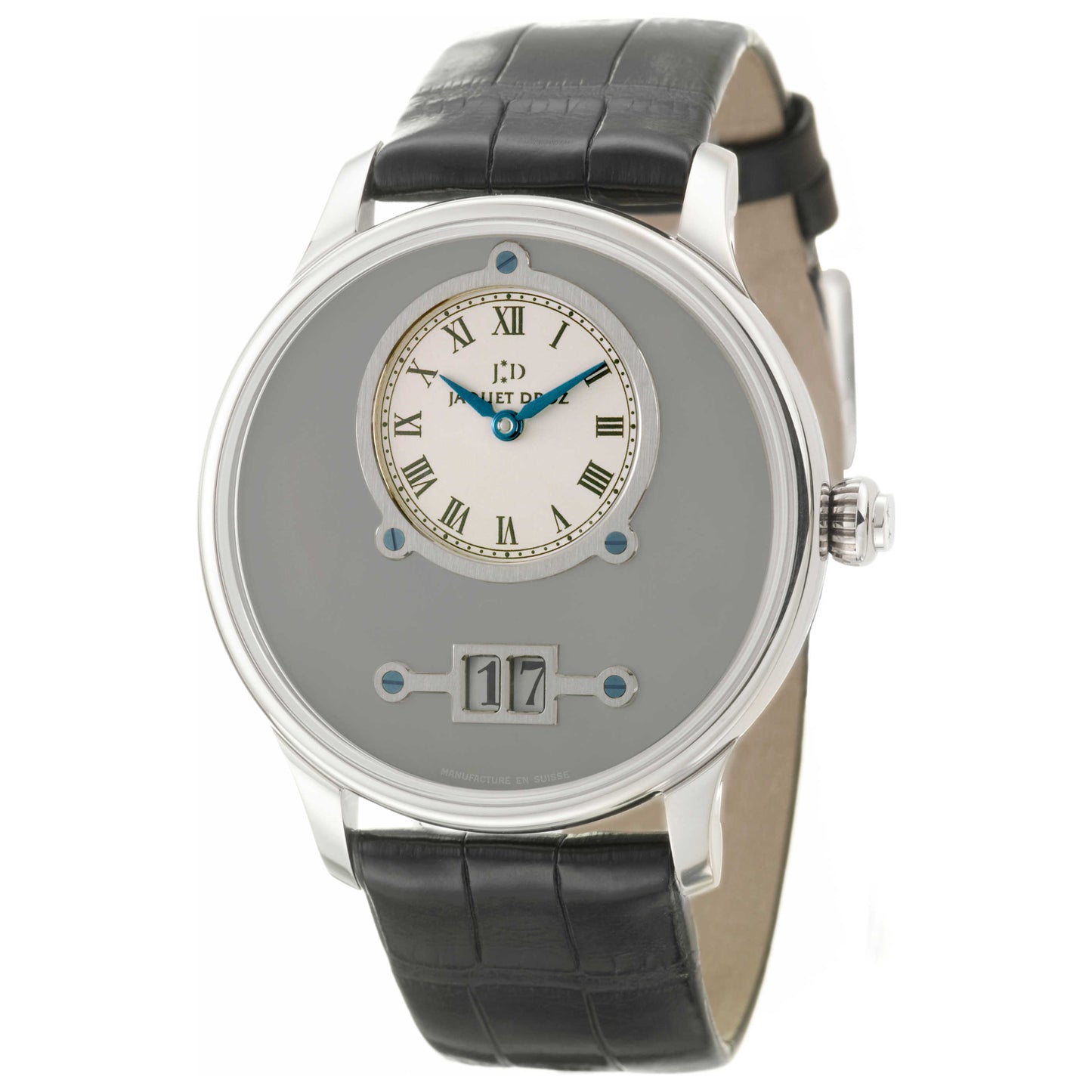 Front view of Jaquet Droz Petite Heure Minute Men's Automatic Watch J016934201