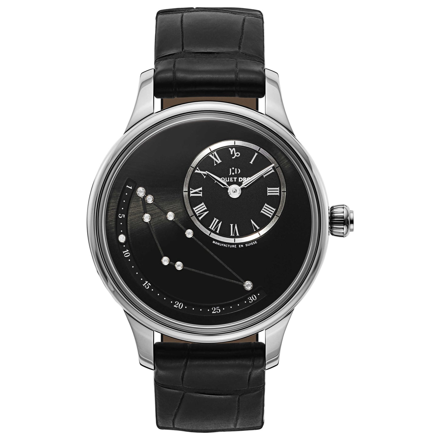 Front view of Jaquet Droz Petite Heure Minute Men's Automatic Watch J021014215