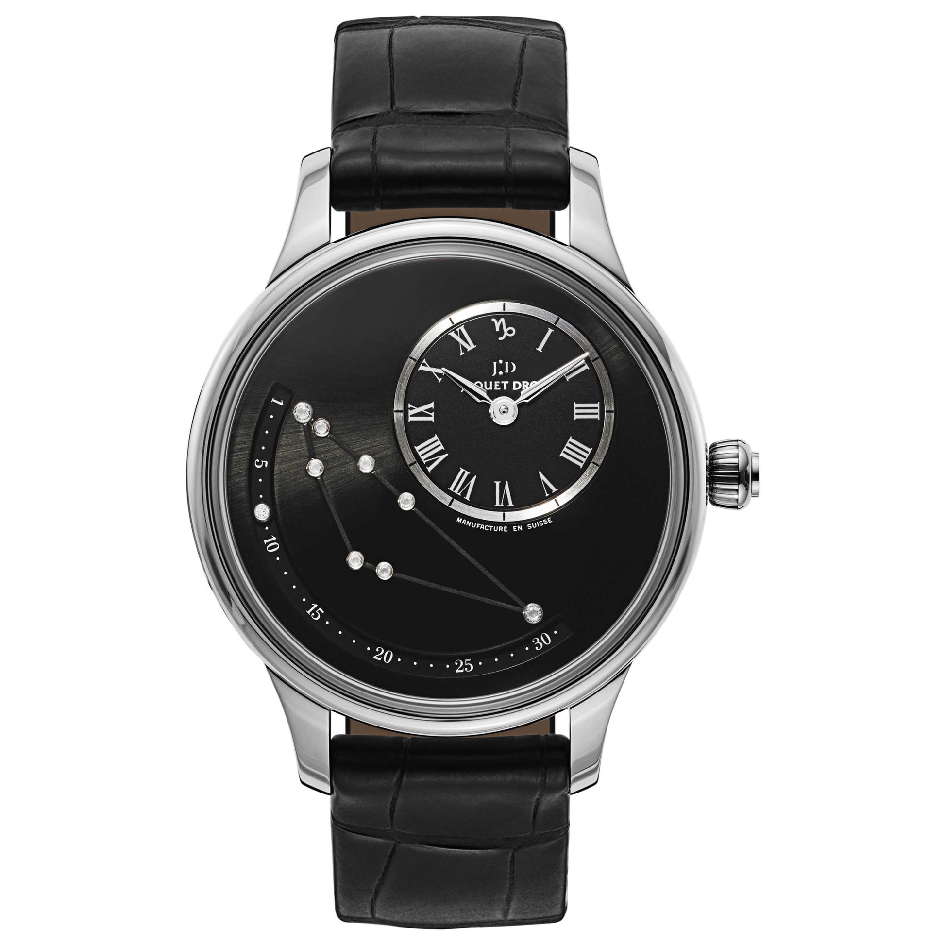 Front view of Jaquet Droz Petite Heure Minute Men's Automatic Watch J021014215