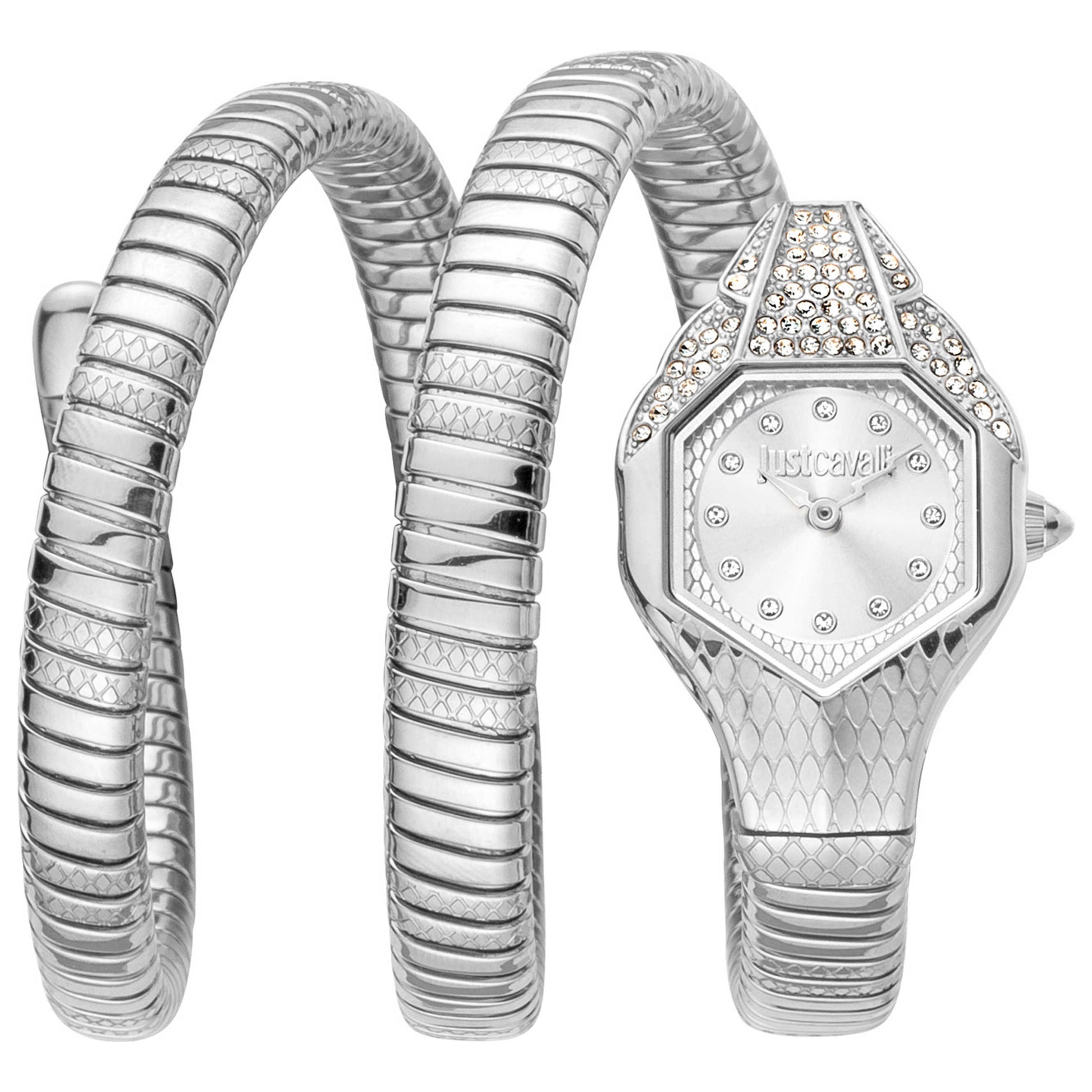 Front view of Just Cavalli Signature Snake Glam Evo 7 Doppio Women's Quartz Watch JC1L193M0015