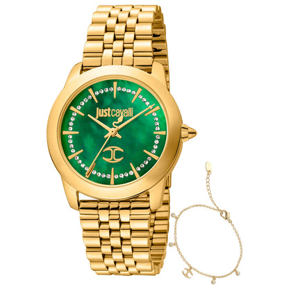 Front view of Just Cavalli Signature Snake Glam Evo 7 Doppio Women's Quartz Watch JC1L211M0075