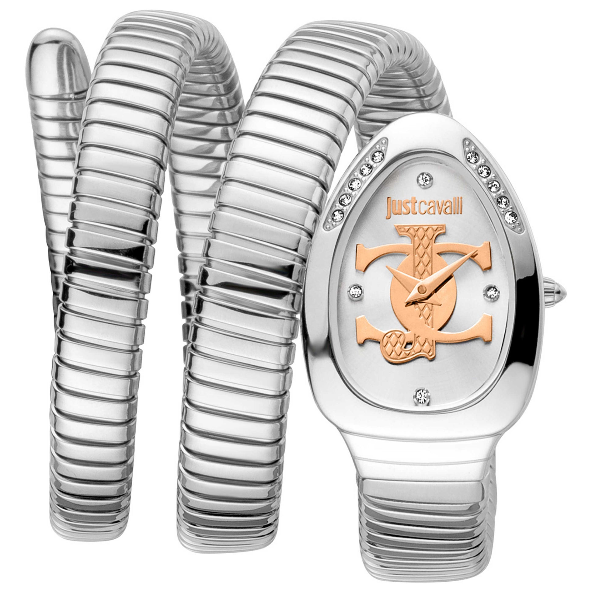 Front view of Just Cavalli Signature Snake Glam Evo 5 Doppio Women's Quartz Watch JC1L228M0015