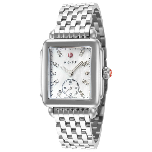 Front view of Michele Deco Mid Diamond Women's Quartz Watch MWW06V000002
