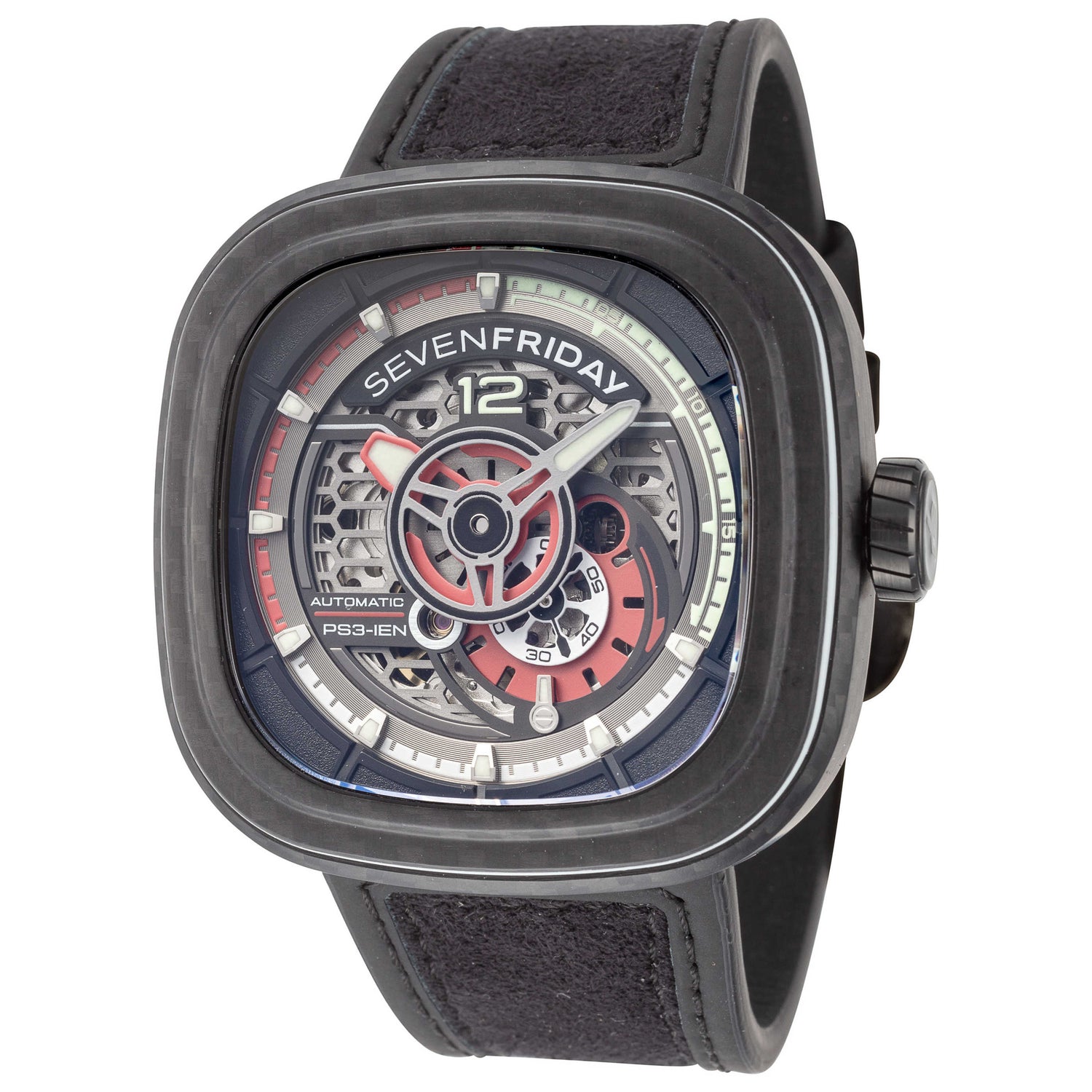 Front view of Sevenfriday Ruby Carbon Men's Automatic Watch PS3-02