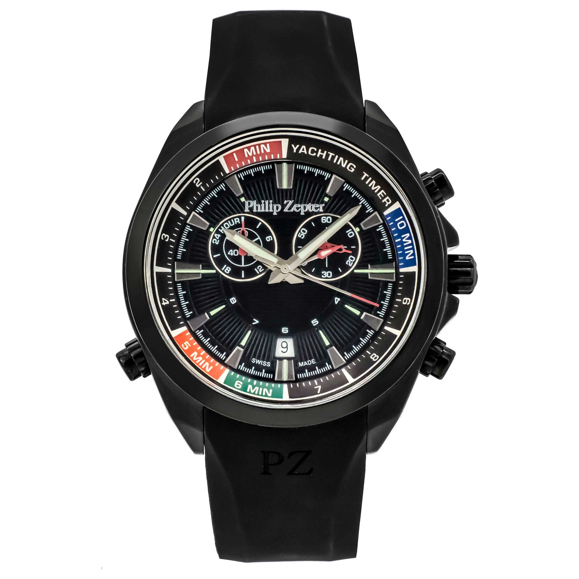 Front view of Philip Zepter Yachting Timer Men's Quartz Watch PZYT-BLK