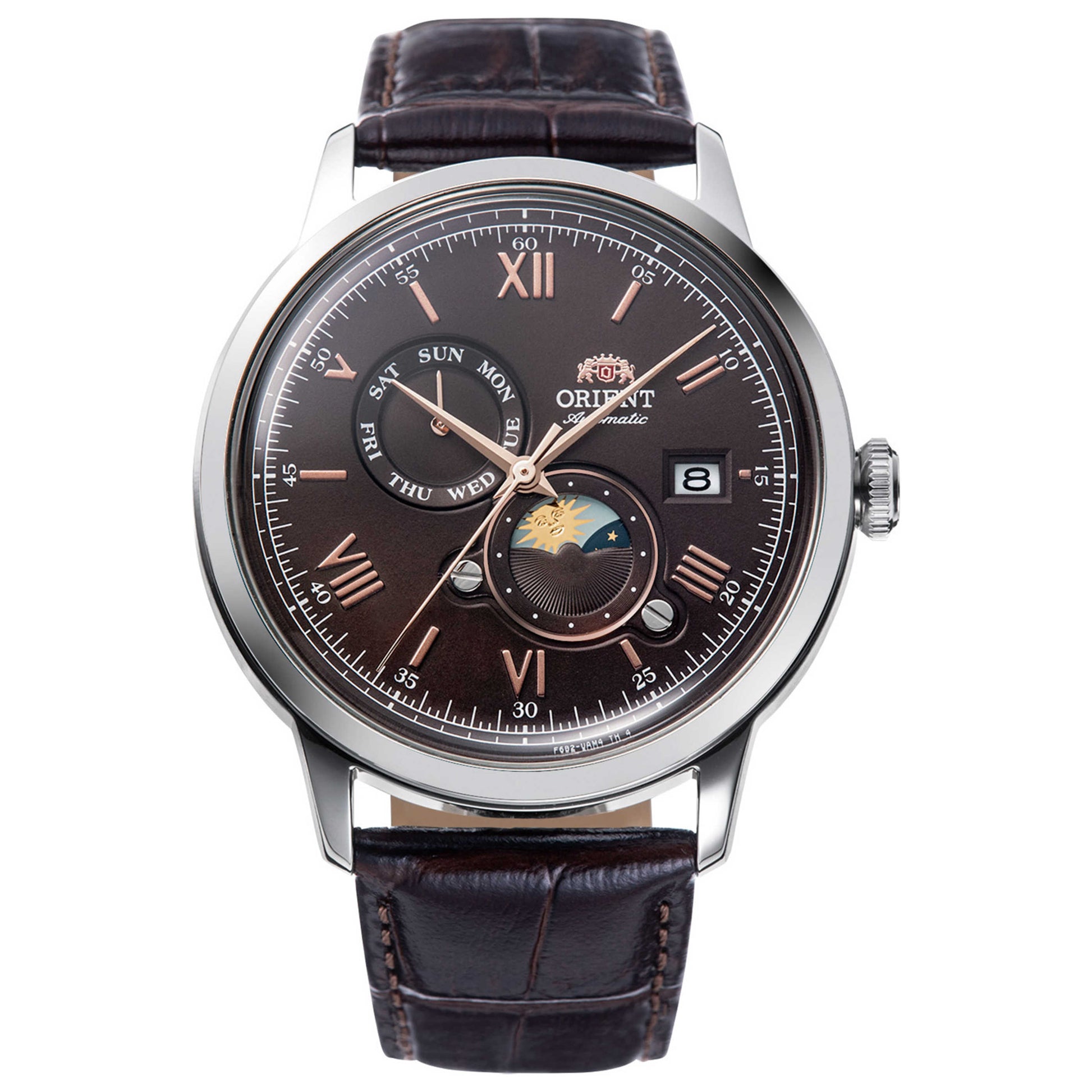 Front view of Orient Bambino Sun & Moon Men's Automatic Watch RA-AK0804Y