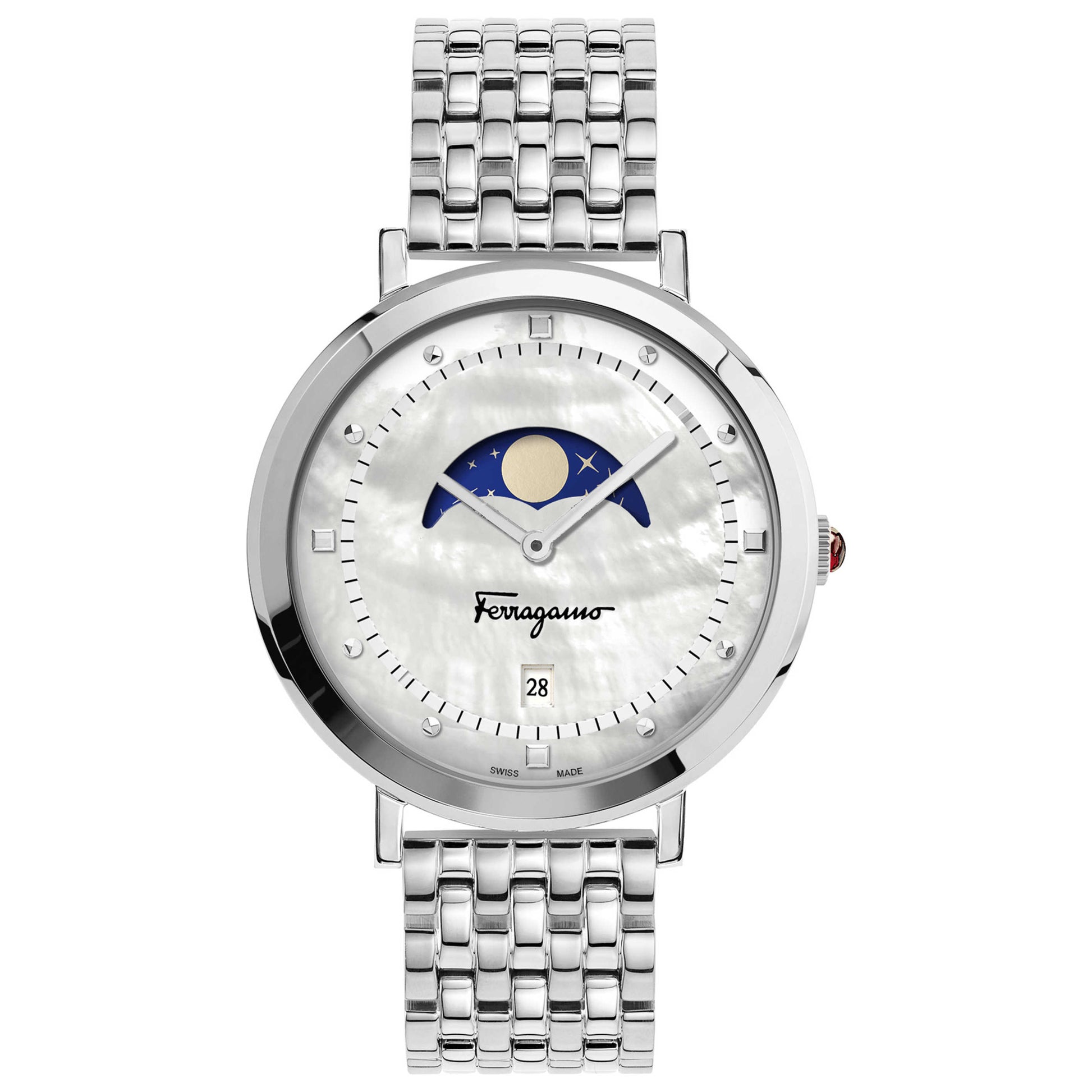 Front view of Ferragamo Logomania Moon Phase Women's Quartz Watch SFUH00321