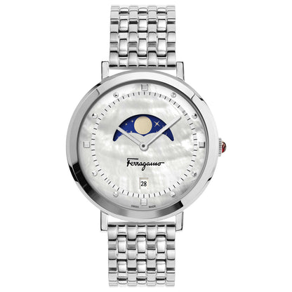 Front view of Ferragamo Logomania Moon Phase Women's Quartz Watch SFUH00321