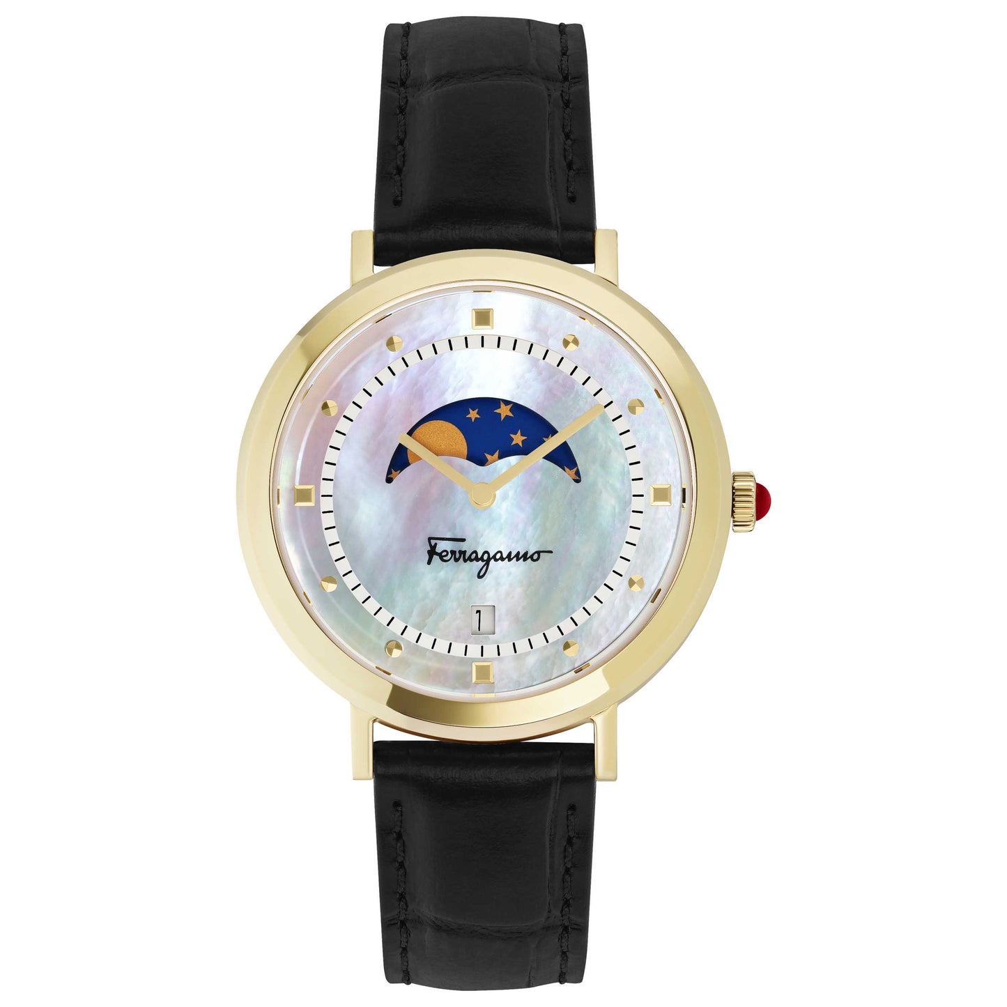 Front view of Ferragamo Logomania Moon Phase Women's Quartz Watch SFUH00821