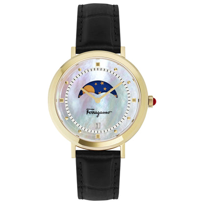 Front view of Ferragamo Logomania Moon Phase Women's Quartz Watch SFUH00821