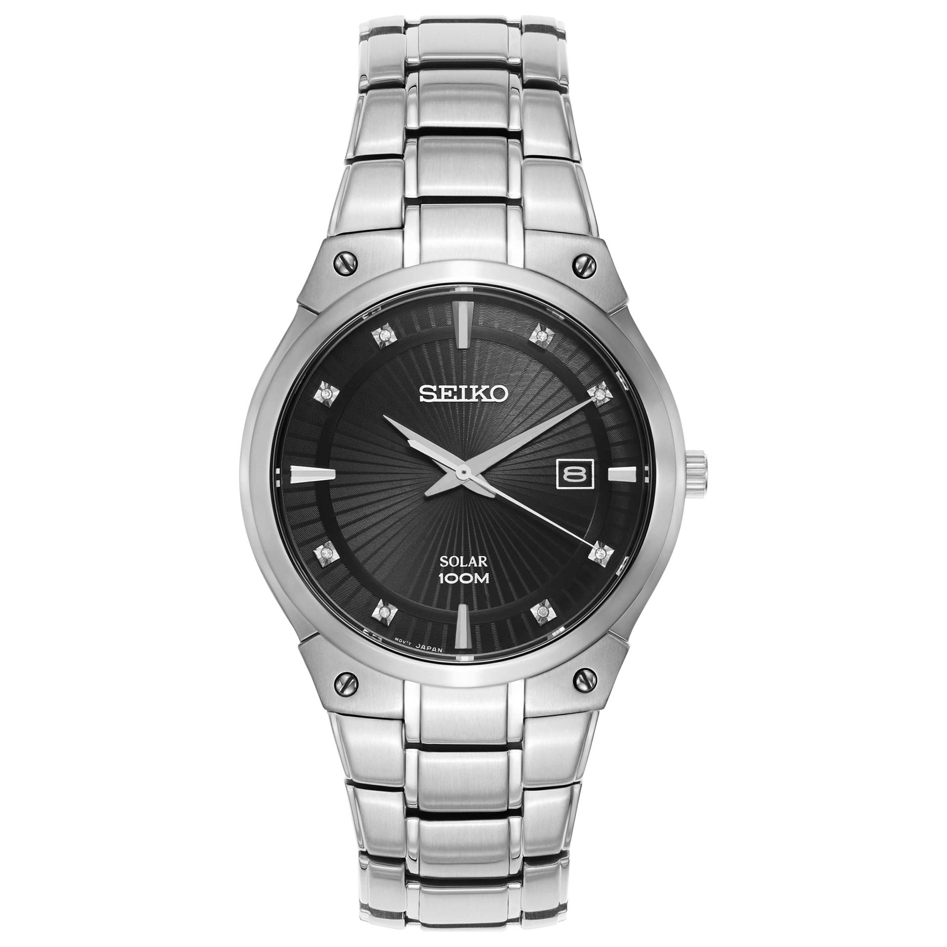 Front view of Seiko Diamond Men's Solar Powered Quartz Watch SNE429