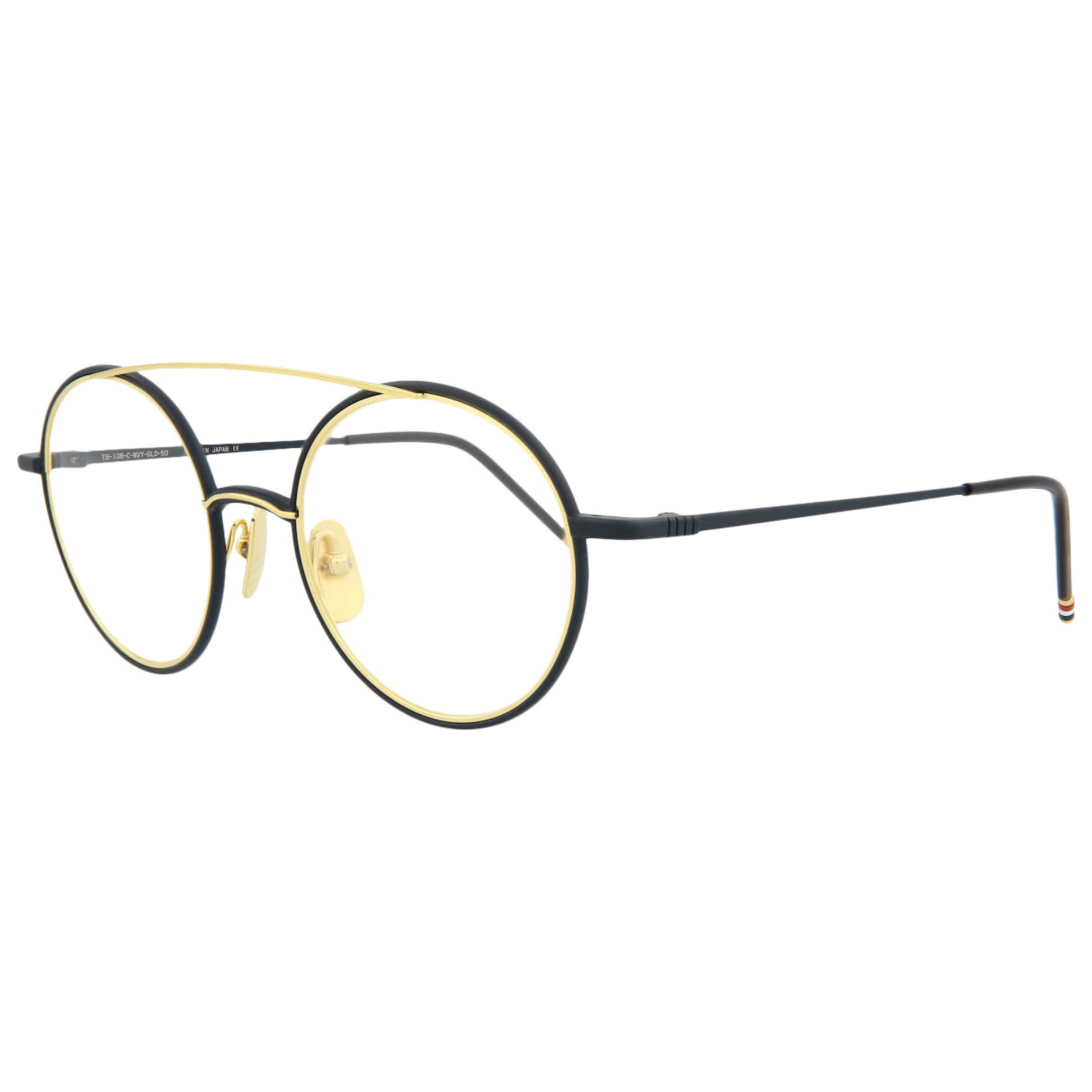Front view of Thom Browne Novelty Unisex Opticals TB108-CNVYGLD-50