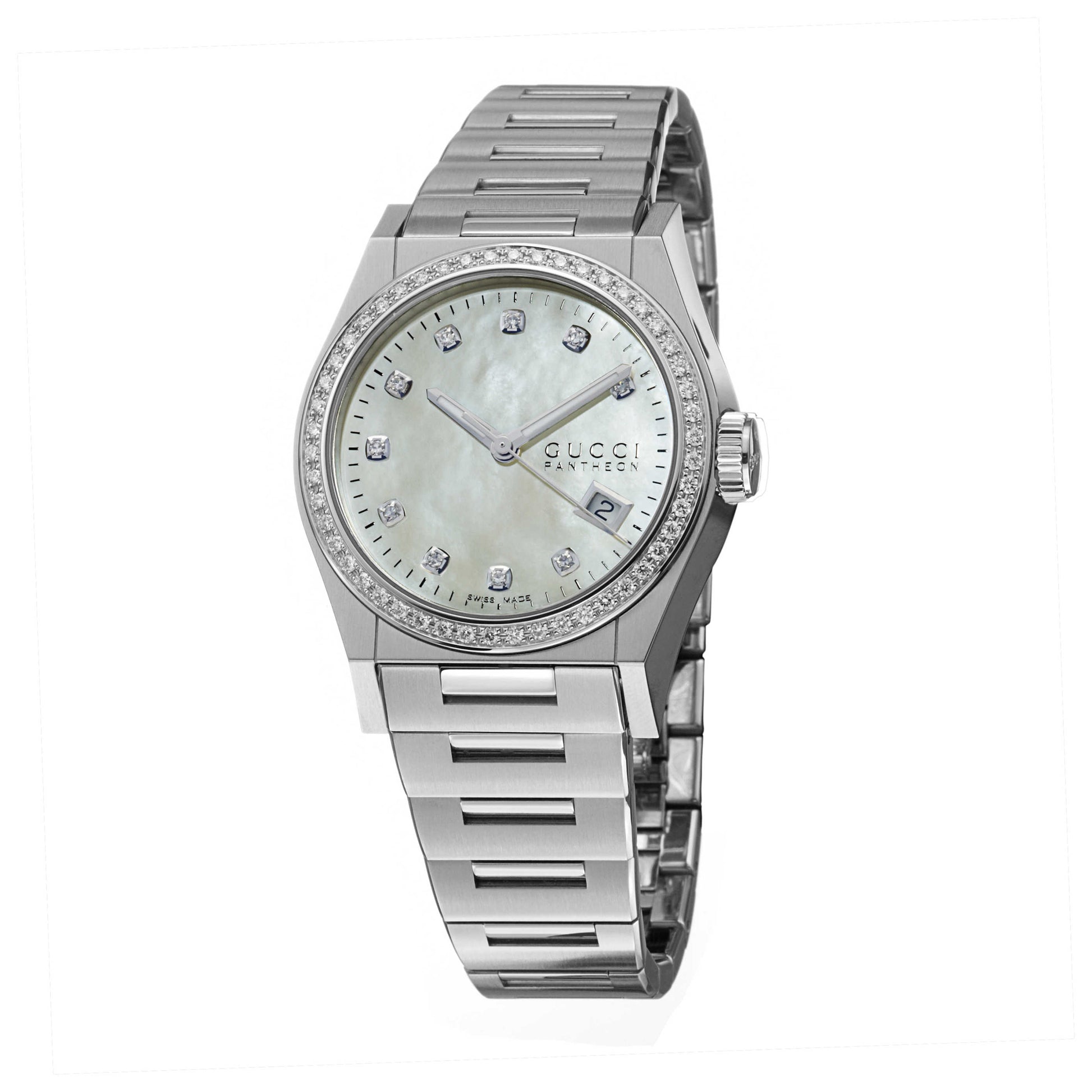 Front view of Gucci 115 Pantheon Women's Swiss Quartz (Battery-Powered) Watch YA115404